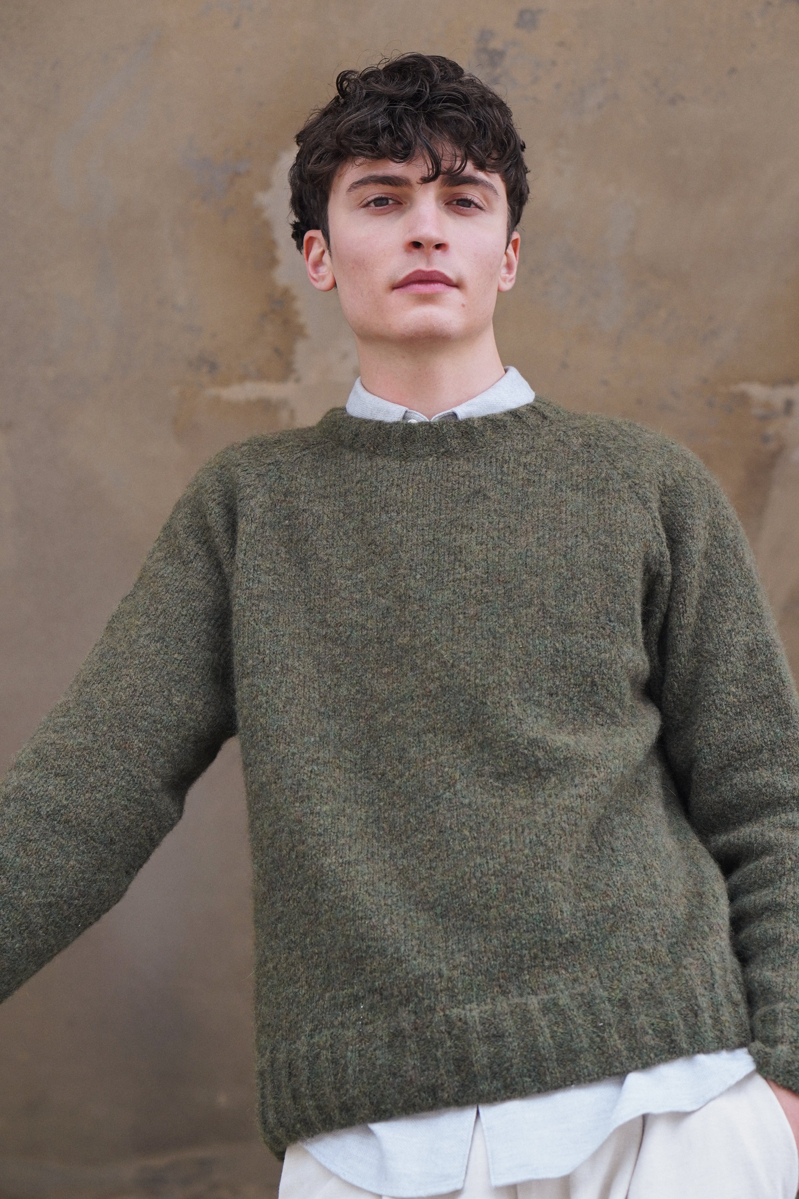 Crewneck Sweater in a Green Brushed Sustainable Alpaca Wool -  Sample