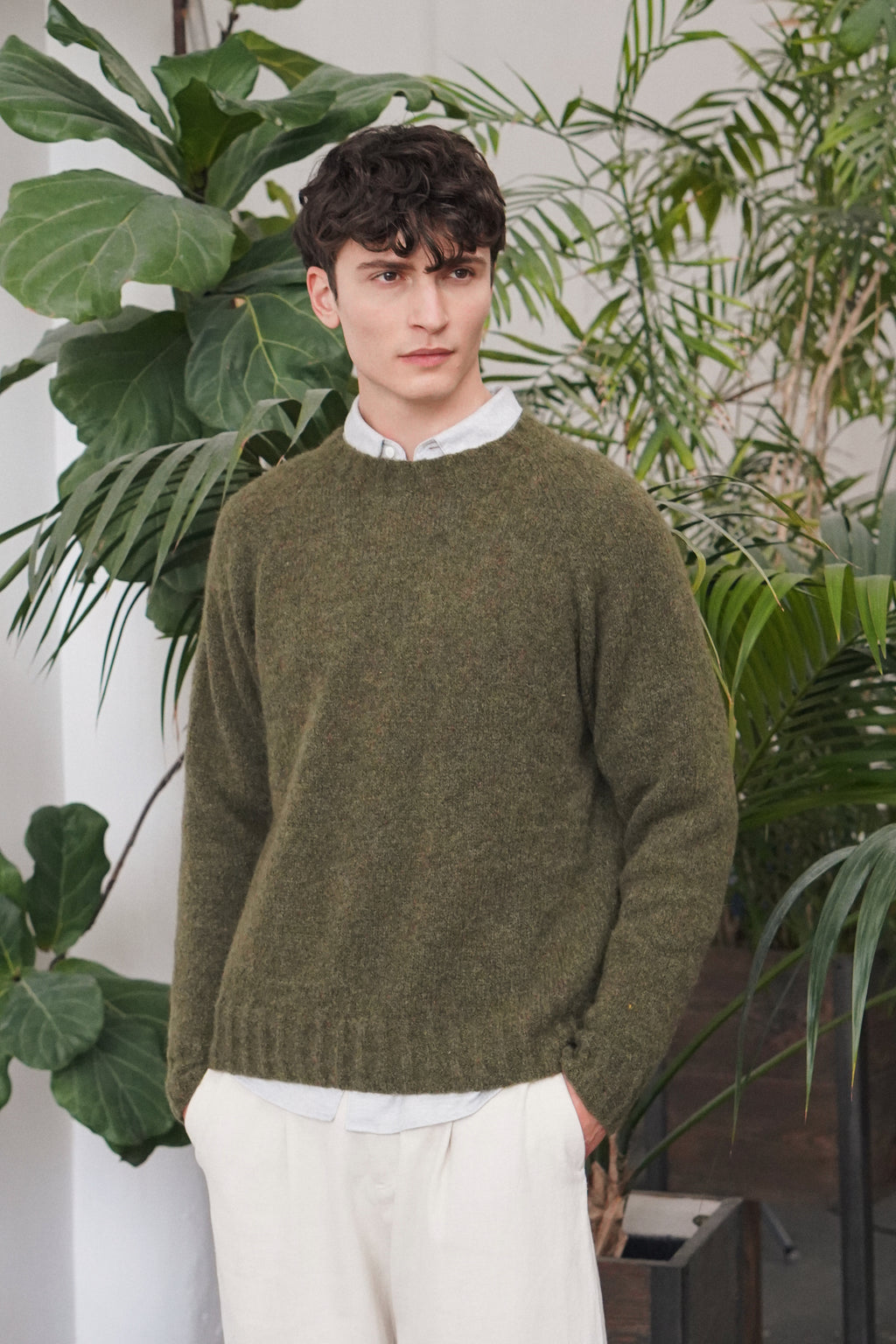 Crewneck Sweater in a Green Brushed Sustainable Alpaca Wool -  Sample