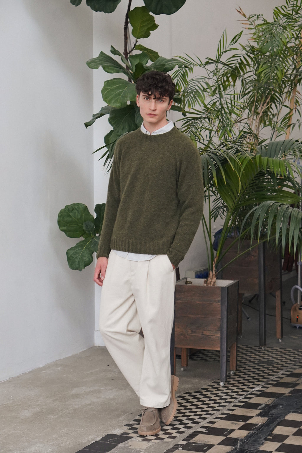 Crewneck Sweater in a Green Brushed Sustainable Alpaca Wool -  Sample