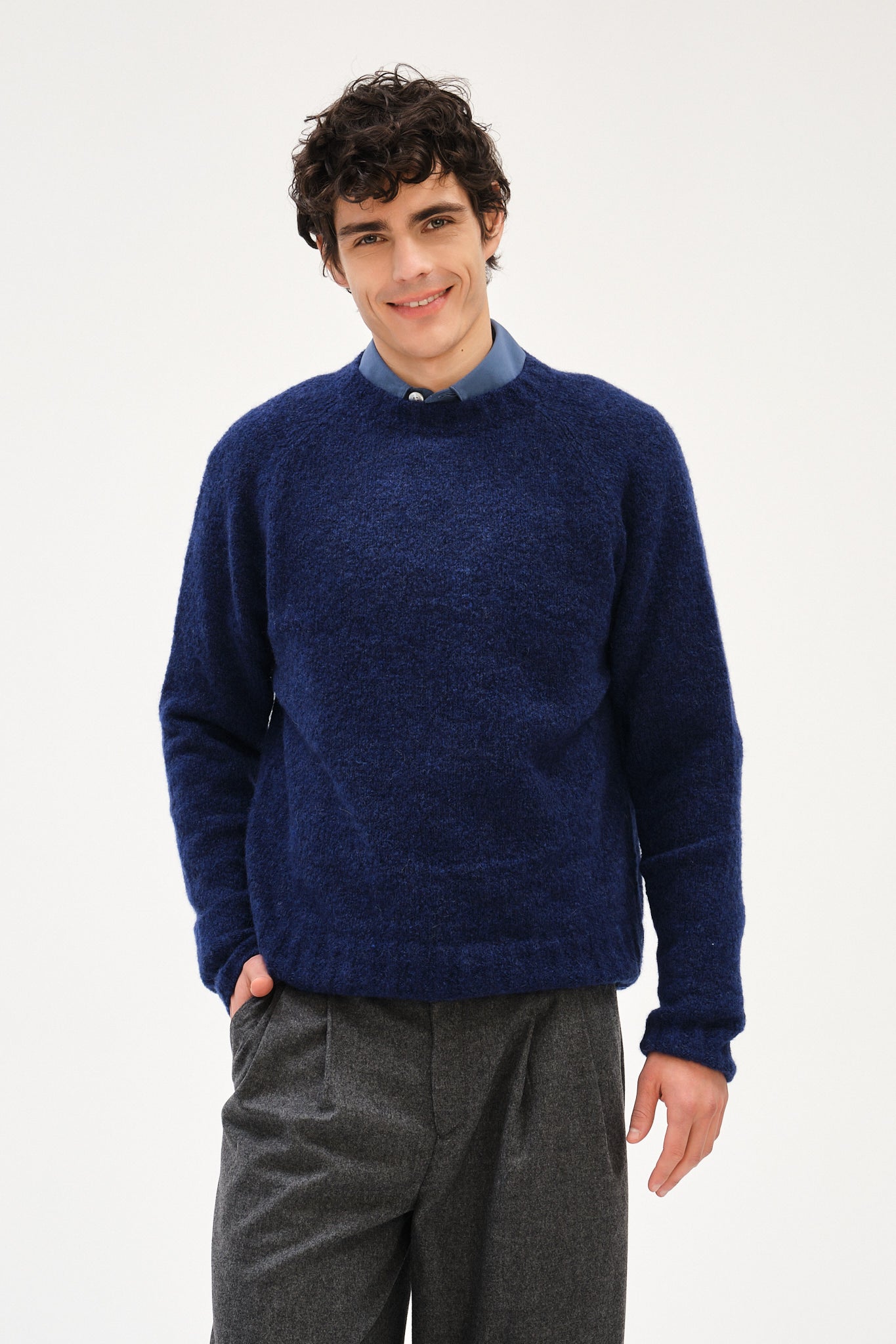 Crewneck Sweater in Dark Cobalt Blue Alpaca Wool