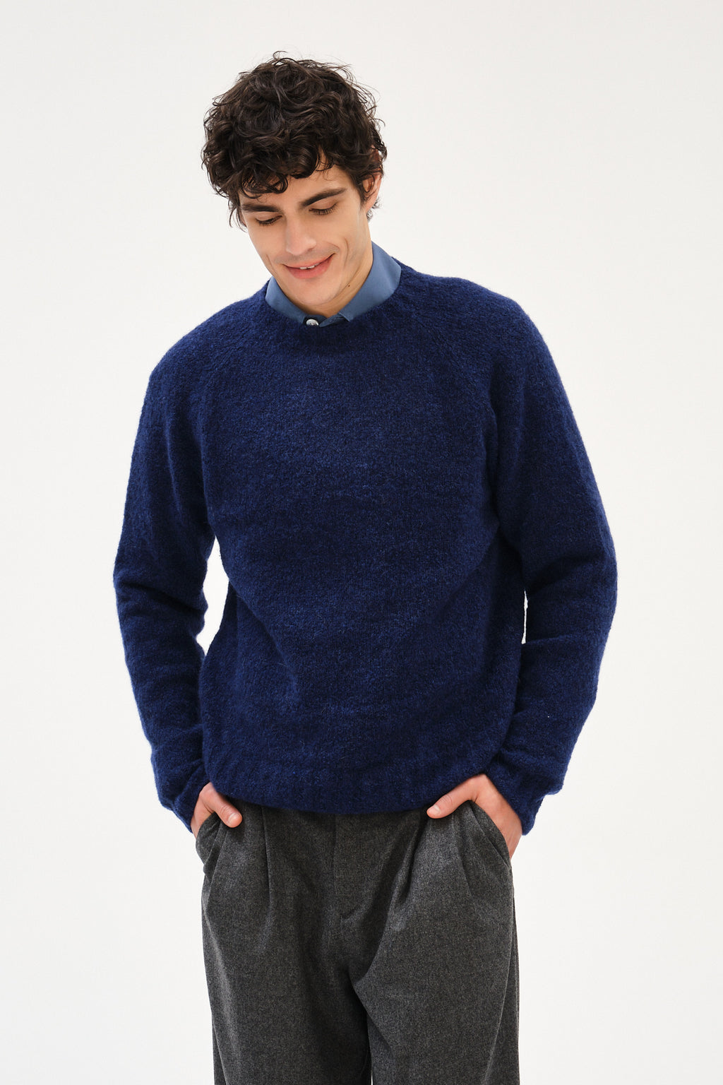 Crewneck Sweater in Dark Cobalt Blue Alpaca Wool