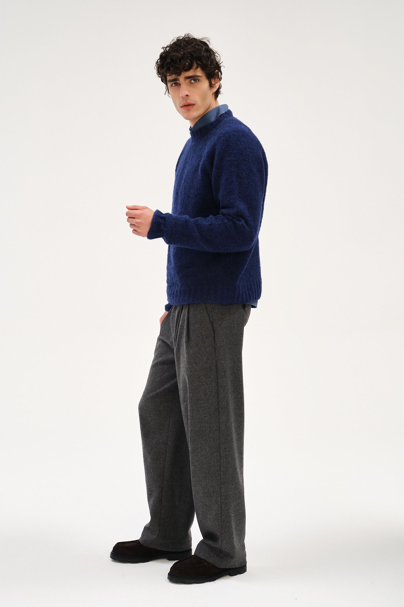 Crewneck Sweater in Dark Cobalt Blue Alpaca Wool