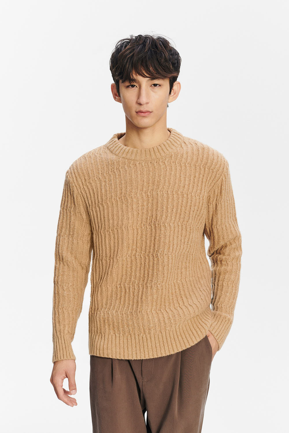 Crewneck Sweater in the Finest Italian Beige Lambs Wool