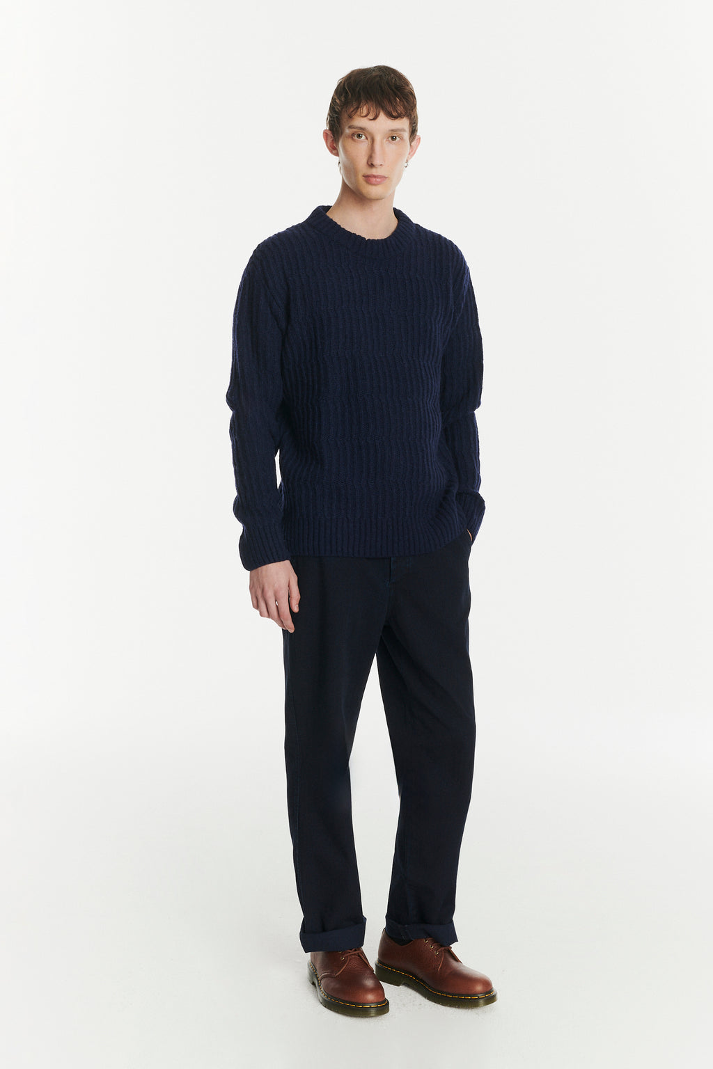 Crewneck Sweater in the Finest Italian Navy Melange Lambs Wool