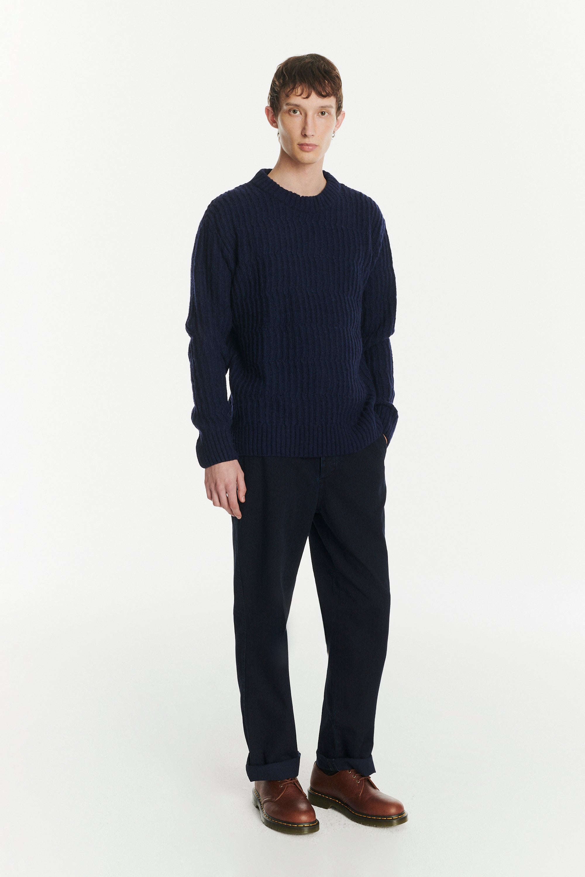 Crewneck Sweater in the Finest Italian Navy Melange Lambs Wool