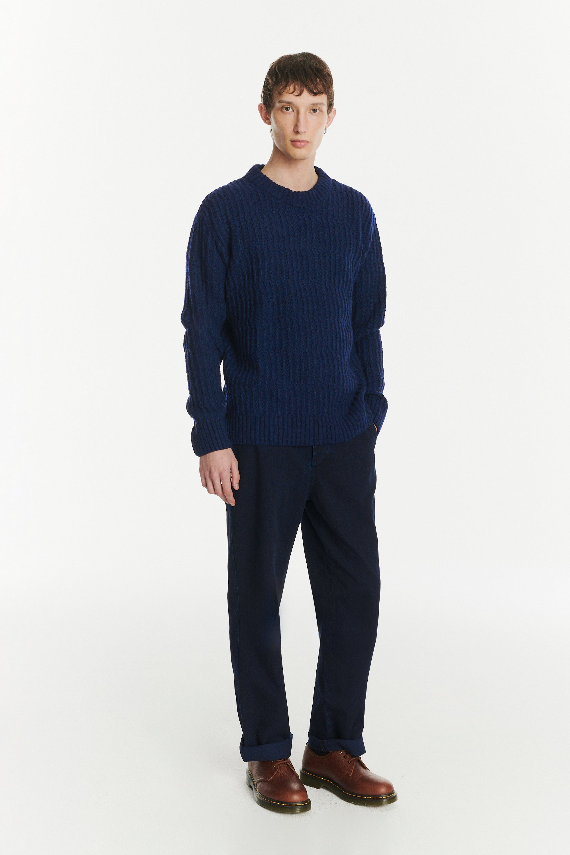 Crewneck Sweater in the Finest Italian Navy Melange Lambs Wool
