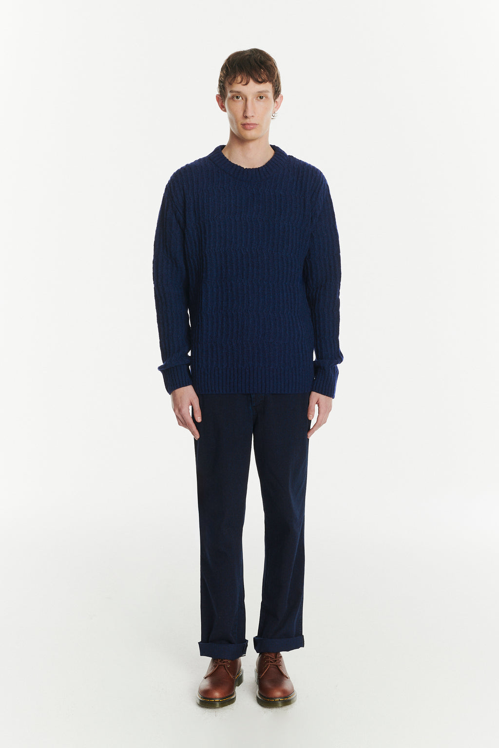 Crewneck Sweater in the Finest Italian Navy Melange Lambs Wool