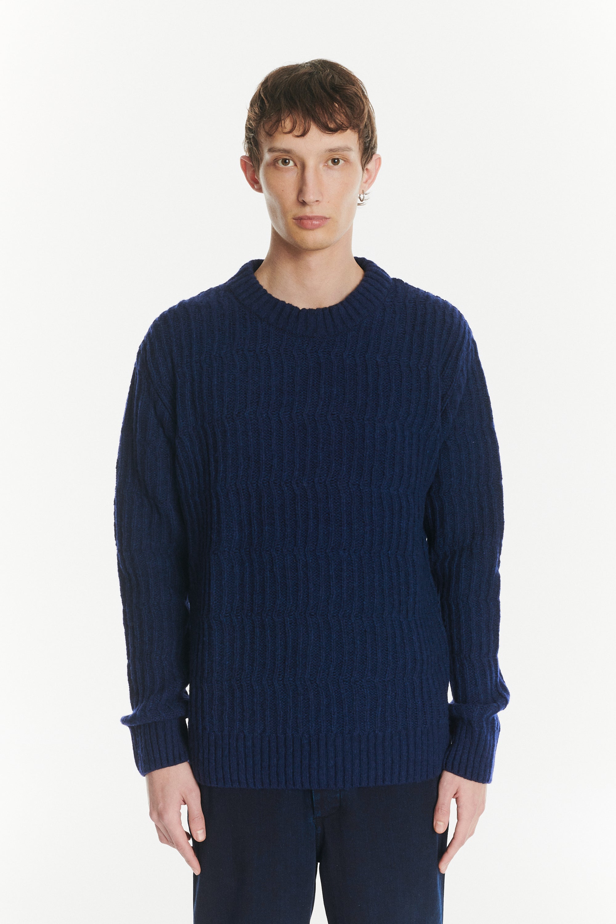 Crewneck Sweater in the Finest Italian Navy Melange Lambs Wool