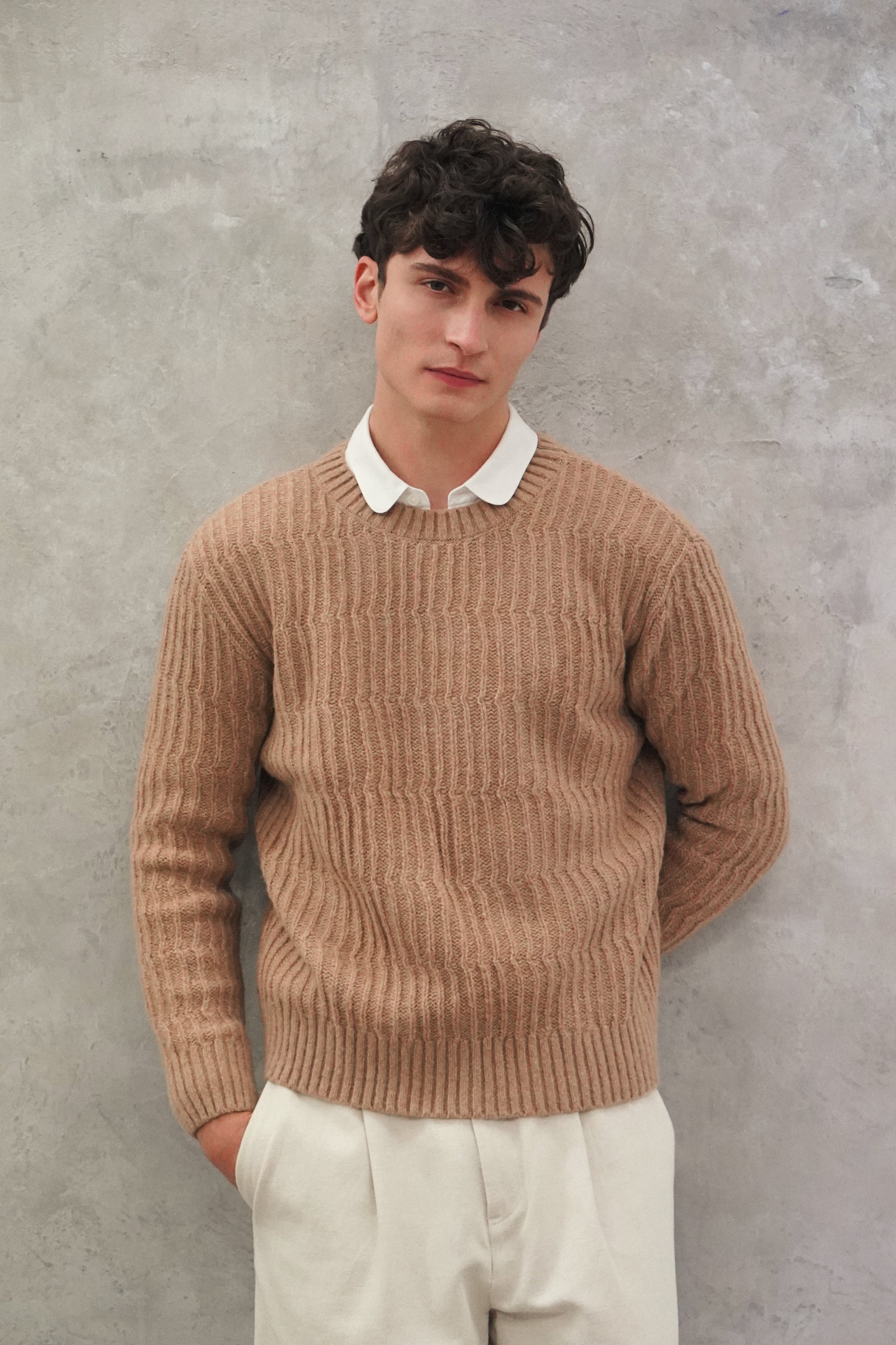 Crewneck Sweater in the Finest Beige Lambs Wool - Photoshoot Sample