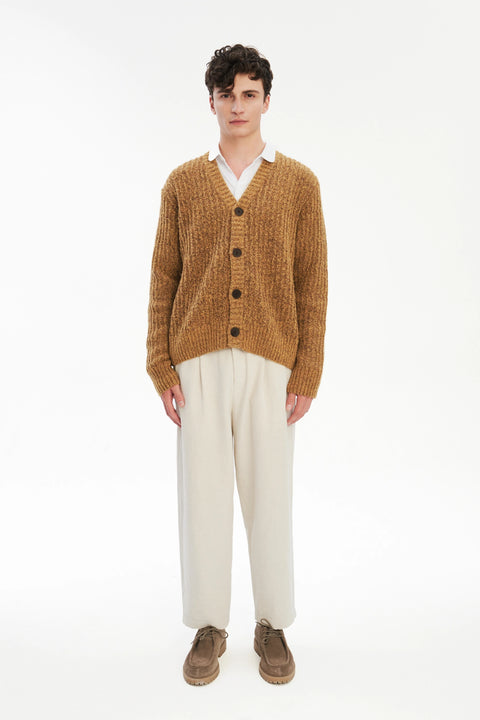 Cardigan in the Finest Italian Mustard Melange Lambs Wool