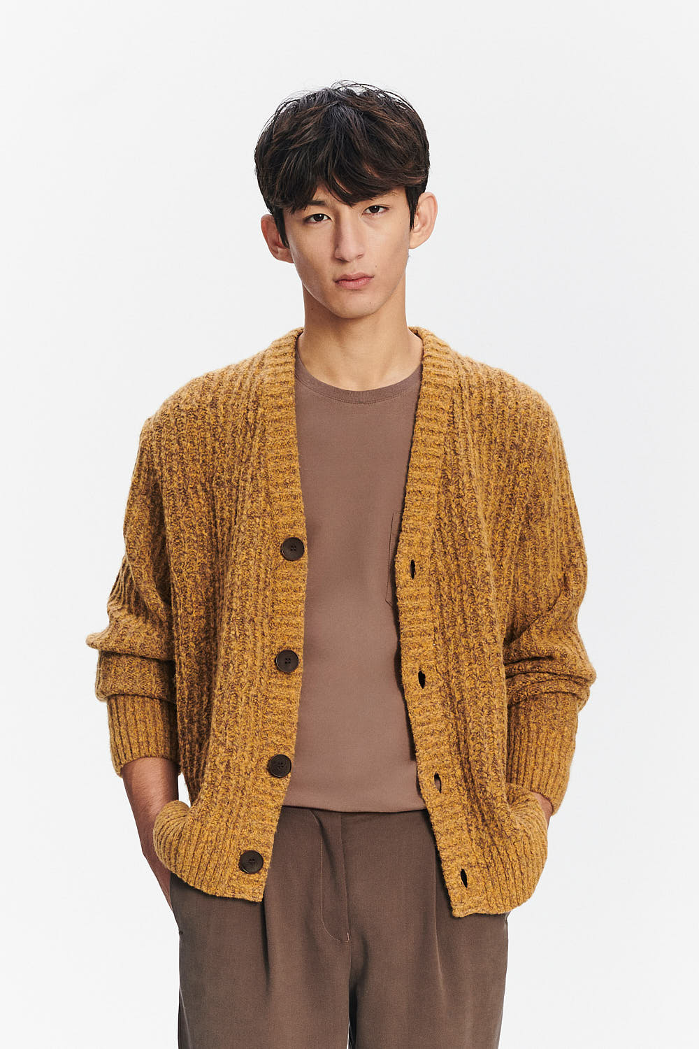 Cardigan in the Finest Italian Mustard Melange Lambs Wool