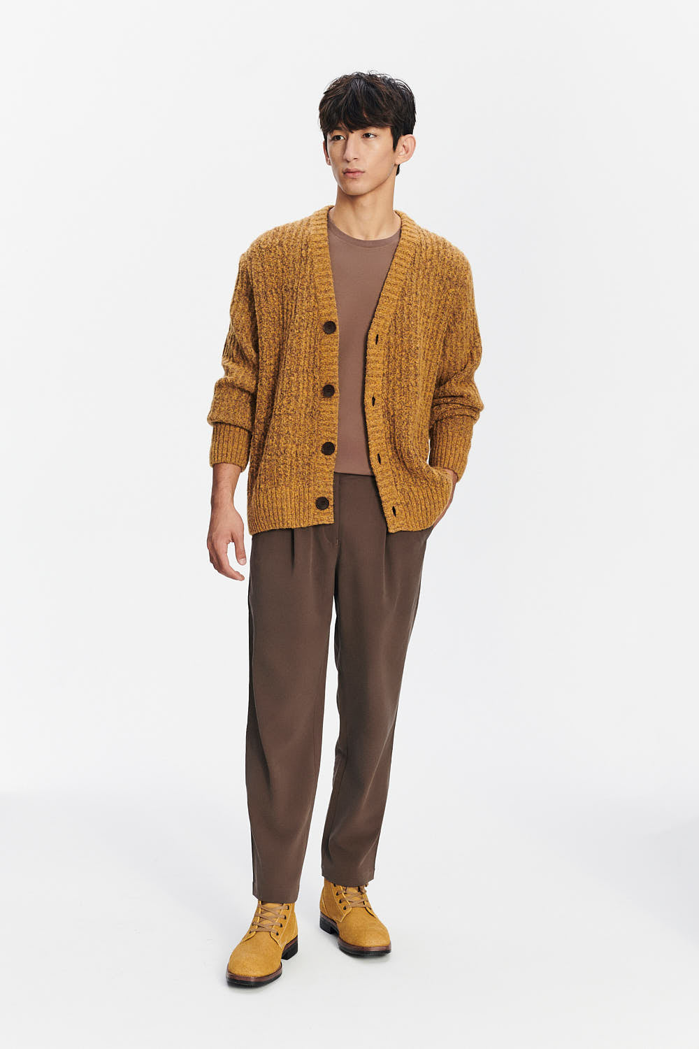 Cardigan in the Finest Italian Mustard Melange Lambs Wool