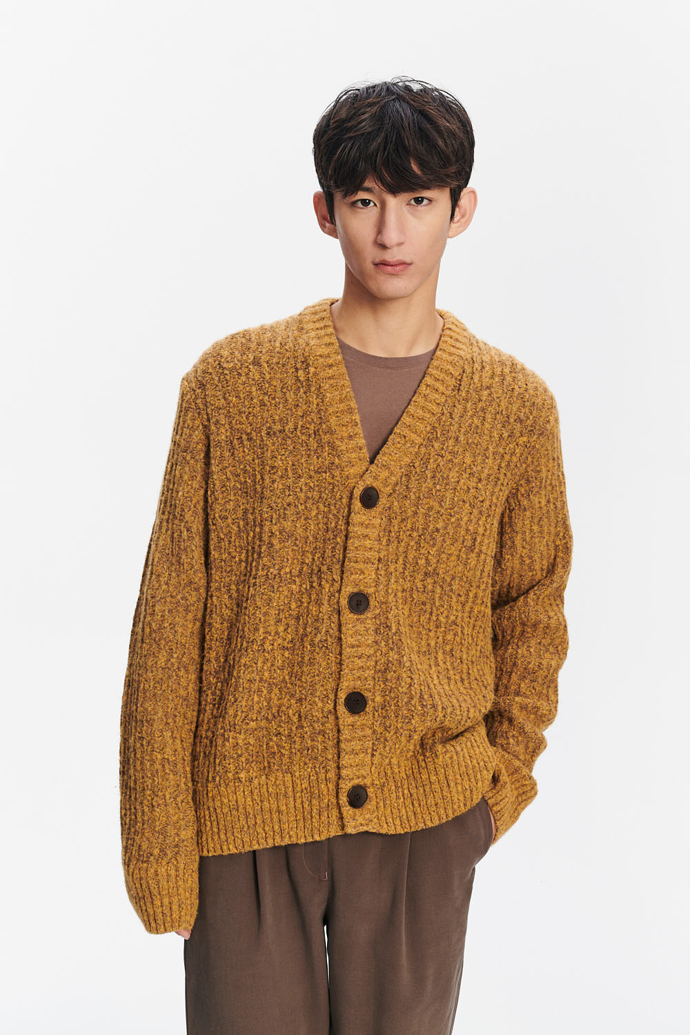 Cardigan in the Finest Italian Mustard Melange Lambs Wool