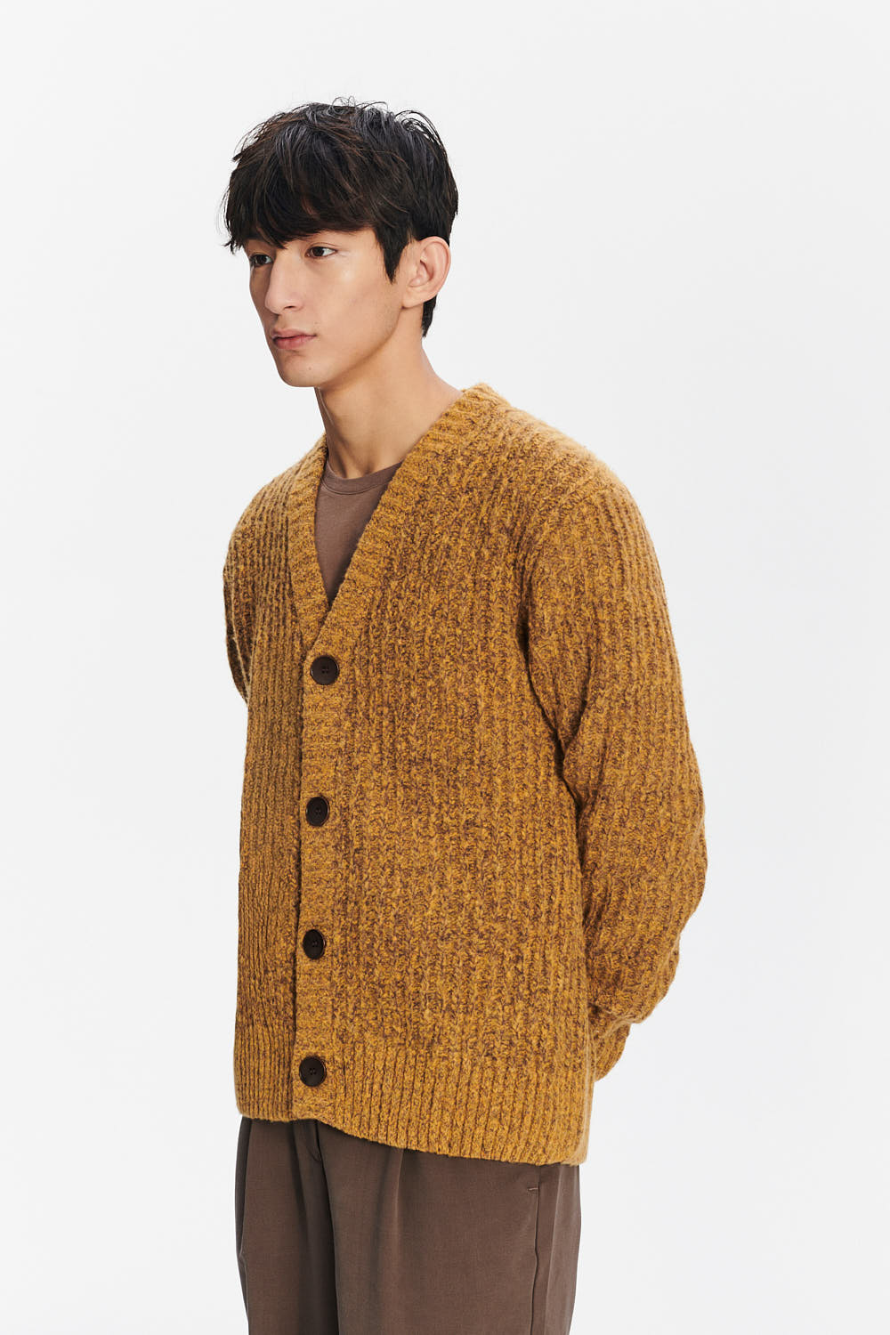 Cardigan in the Finest Italian Mustard Melange Lambs Wool