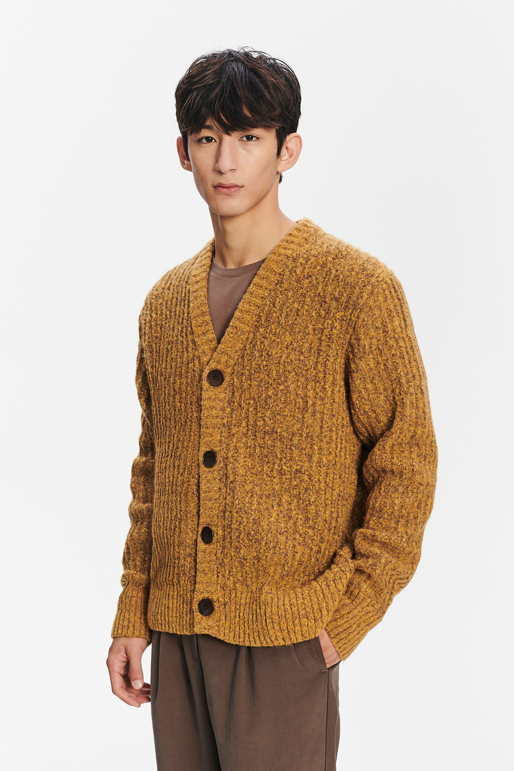 Cardigan in the Finest Italian Mustard Melange Lambs Wool