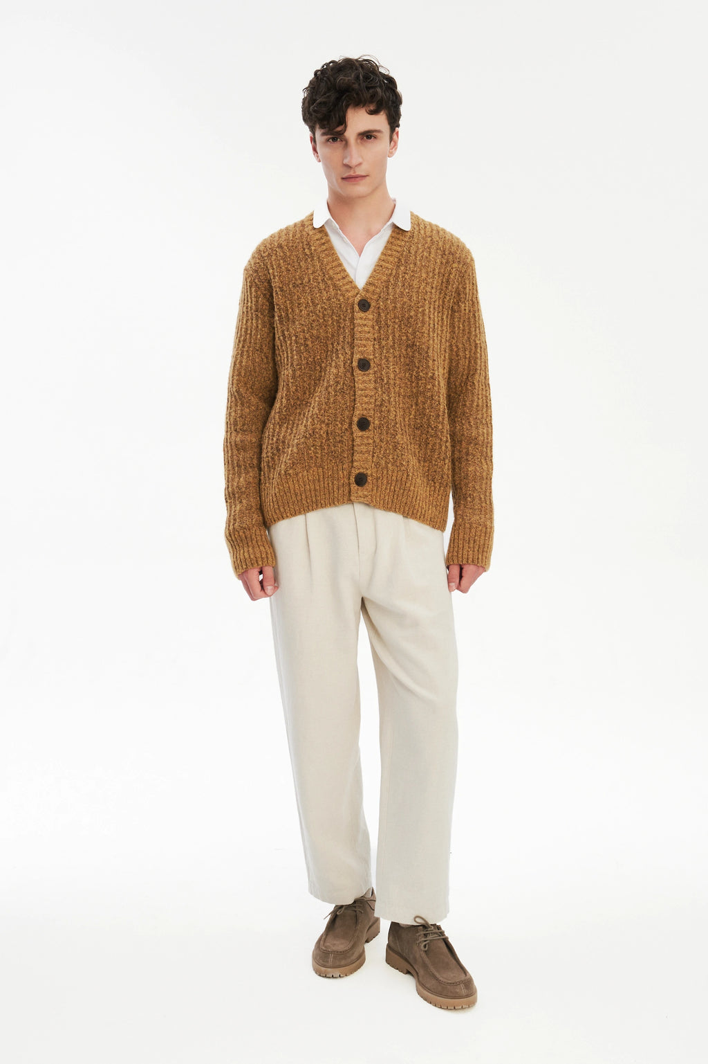 Cardigan in the Finest Italian Mustard Melange Lambs Wool