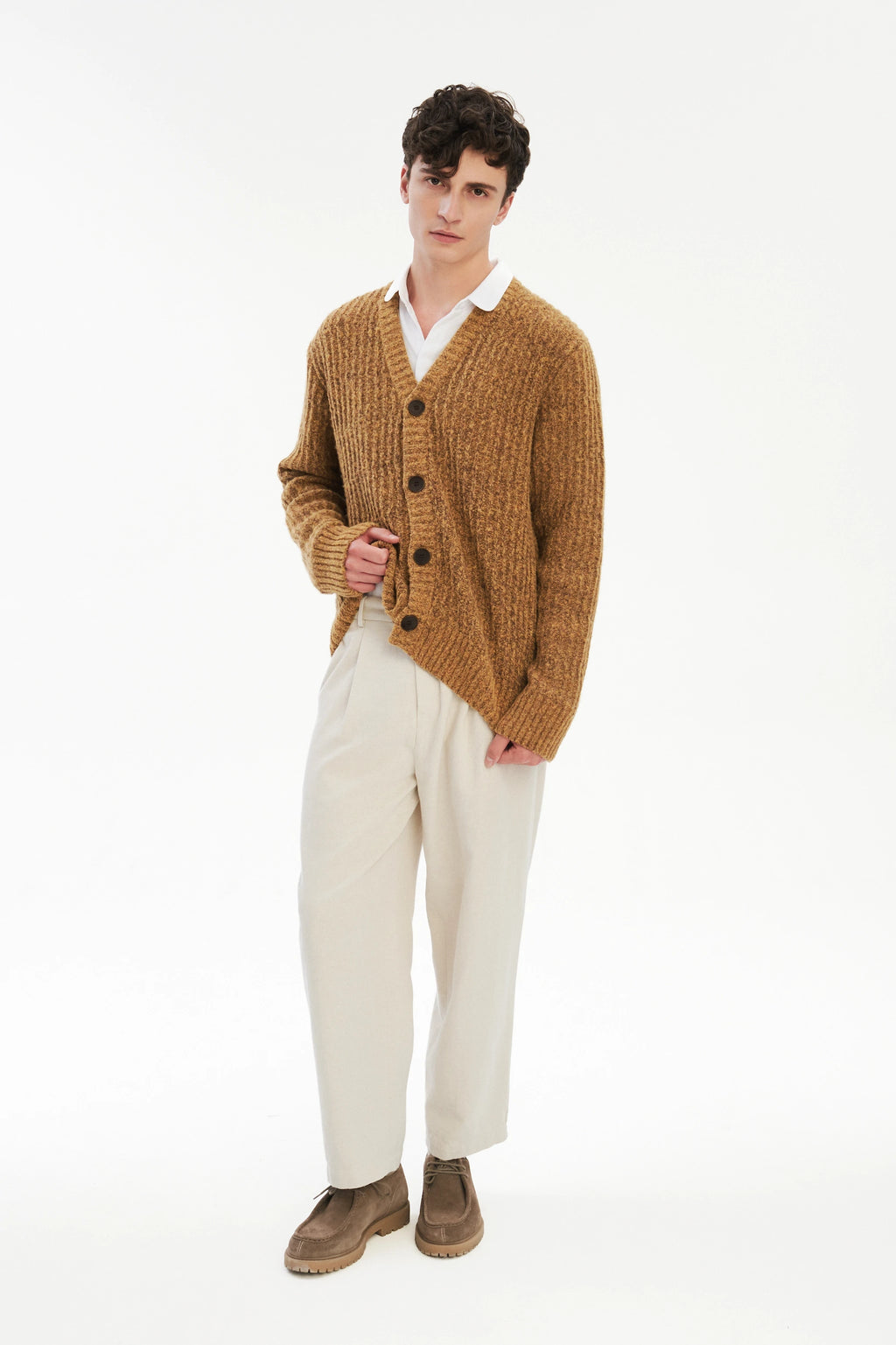 Cardigan in the Finest Italian Mustard Melange Lambs Wool