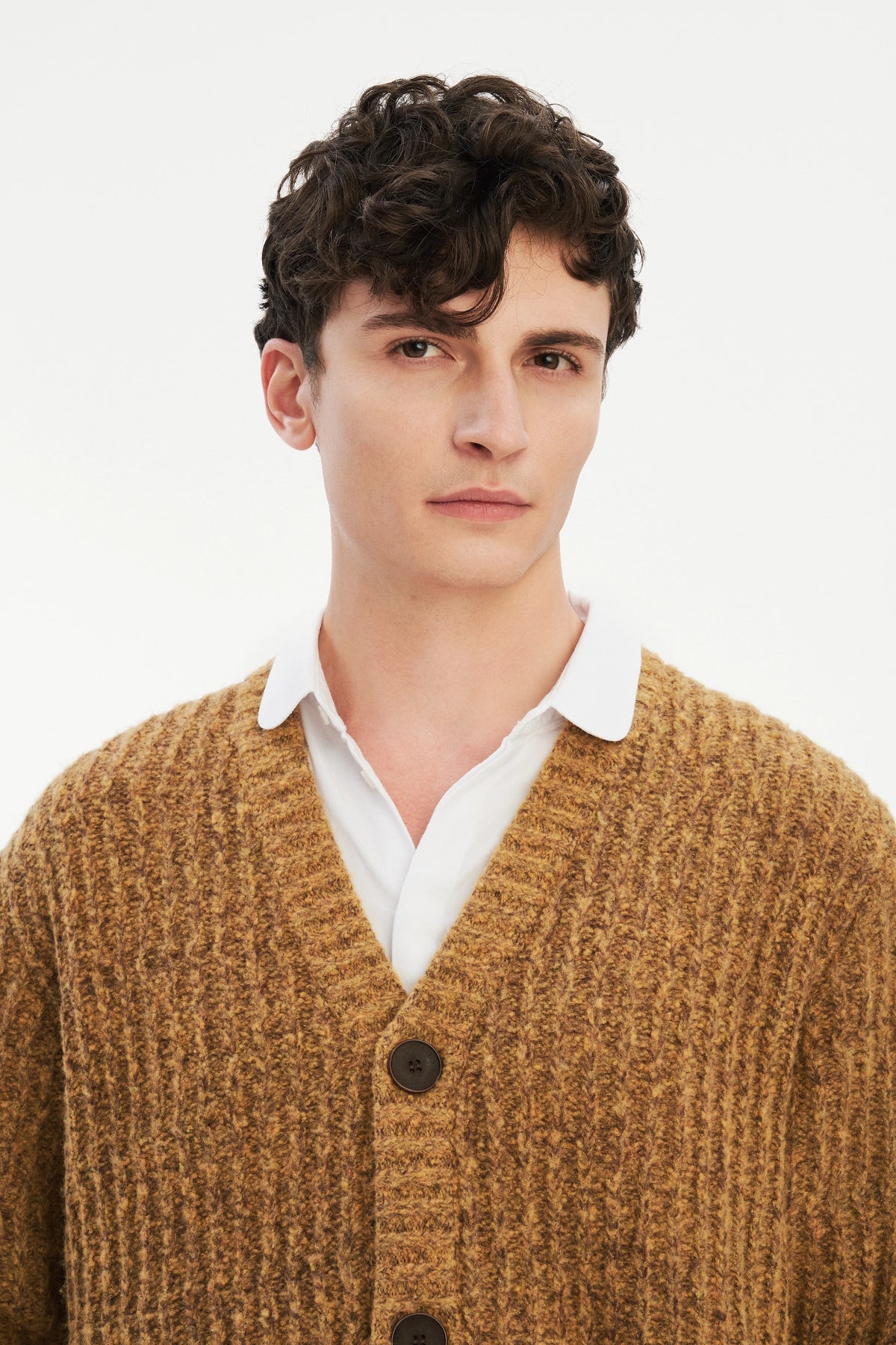 Cardigan in the Finest Italian Mustard Melange Lambs Wool