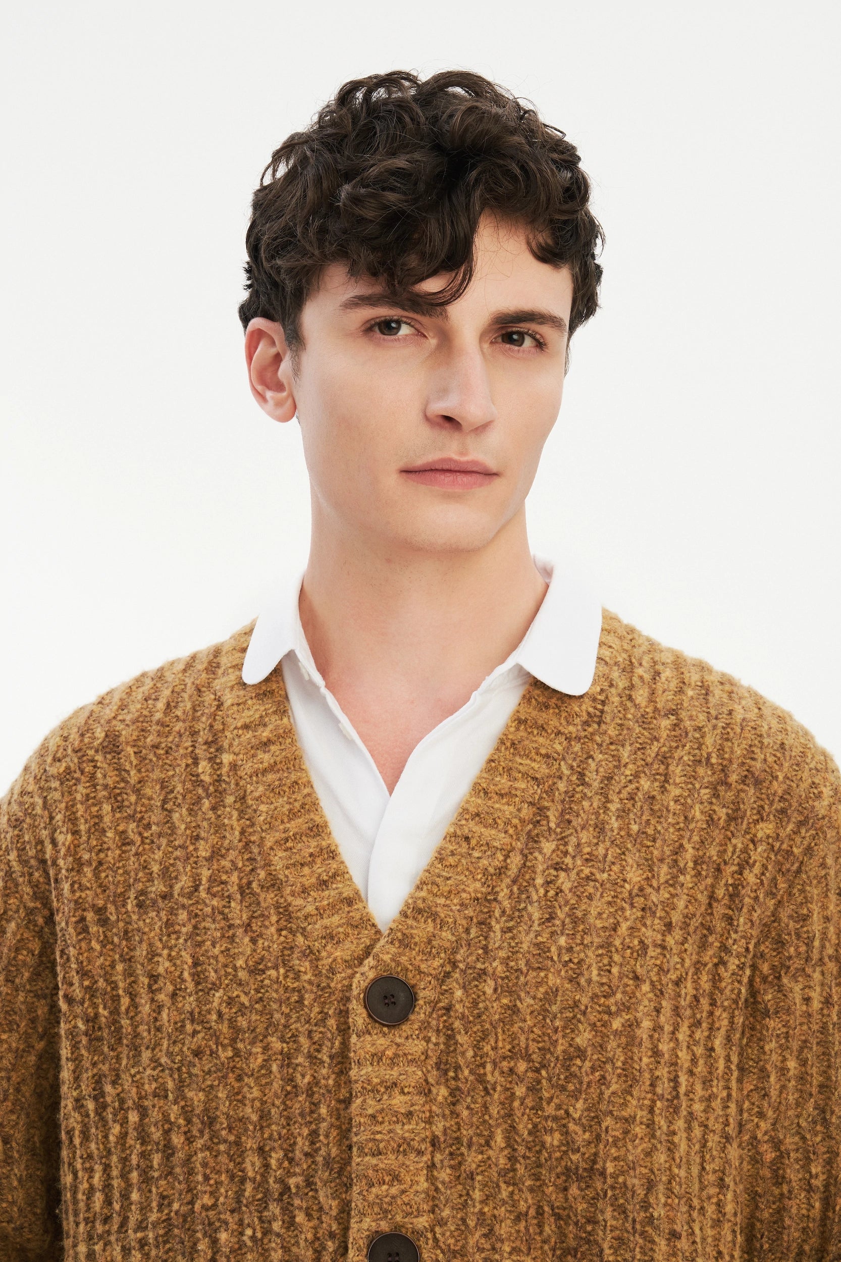 Cardigan in the Finest Italian Mustard Melange Lambs Wool