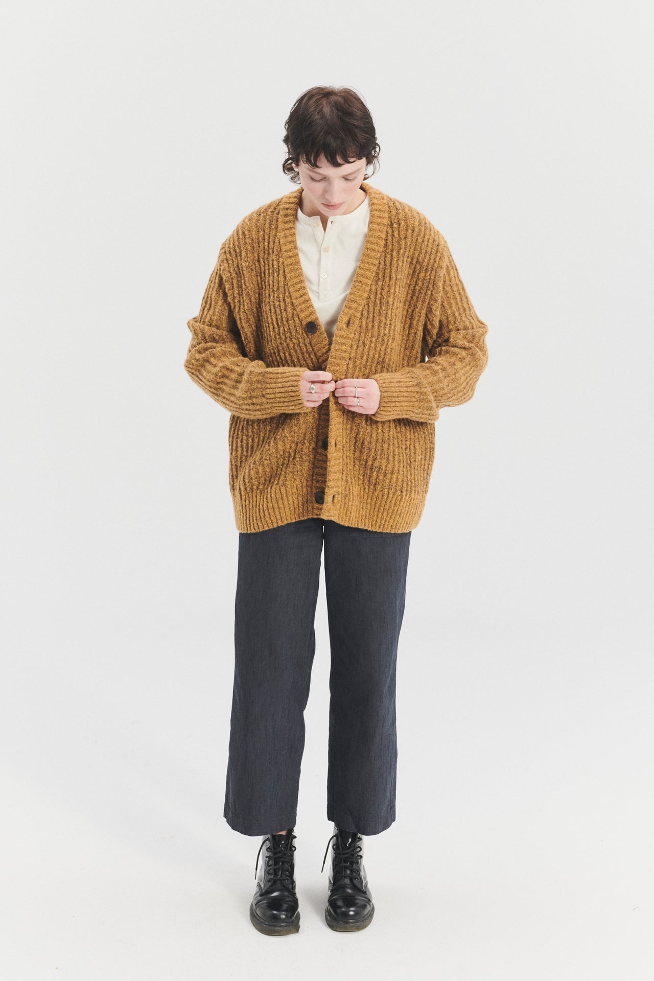 Cardigan in the Finest Mustard Yellow Italian Melange Lambswool