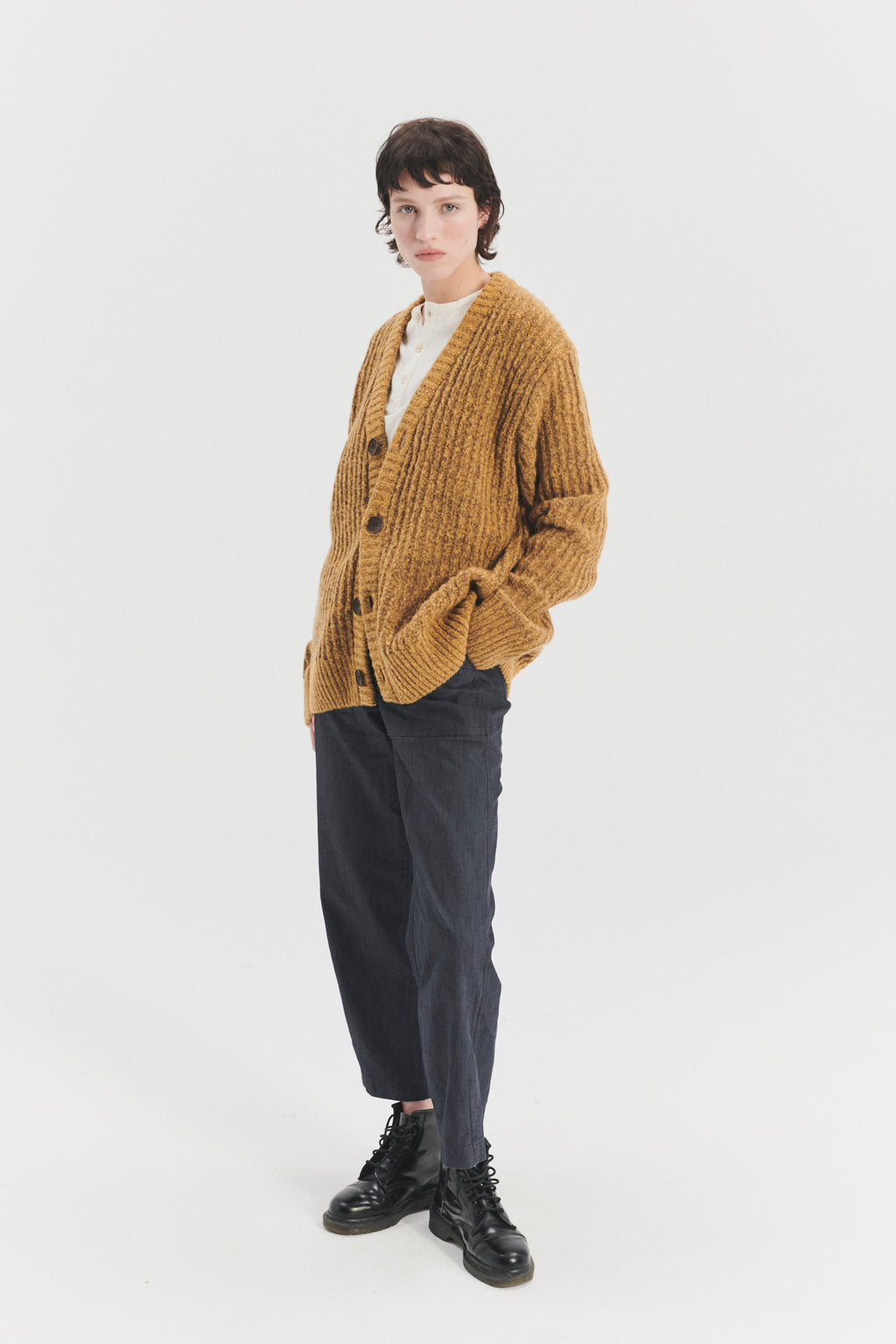 Cardigan in the Finest Mustard Yellow Italian Melange Lambswool