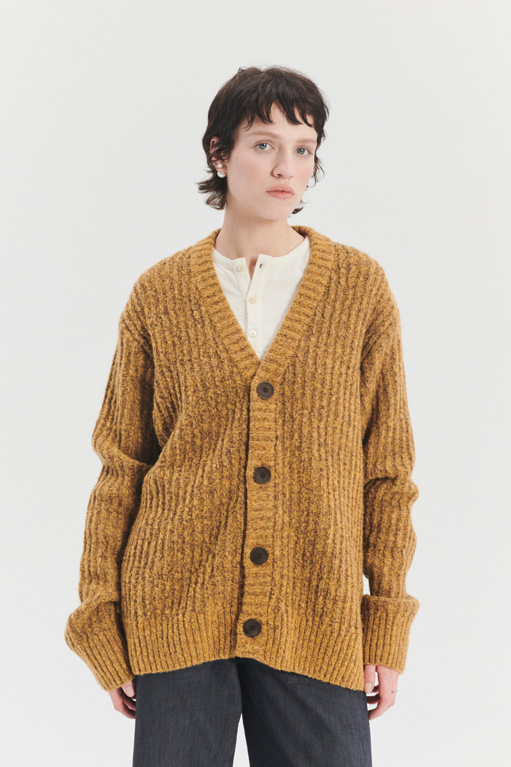 Cardigan in the Finest Mustard Yellow Italian Melange Lambswool