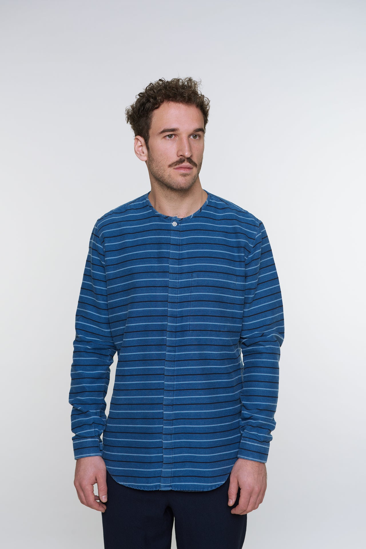 Harmony Collarless Shirt in a Blue Indigo and Grey Striped Soft Italian Brushed Cotton Flannel