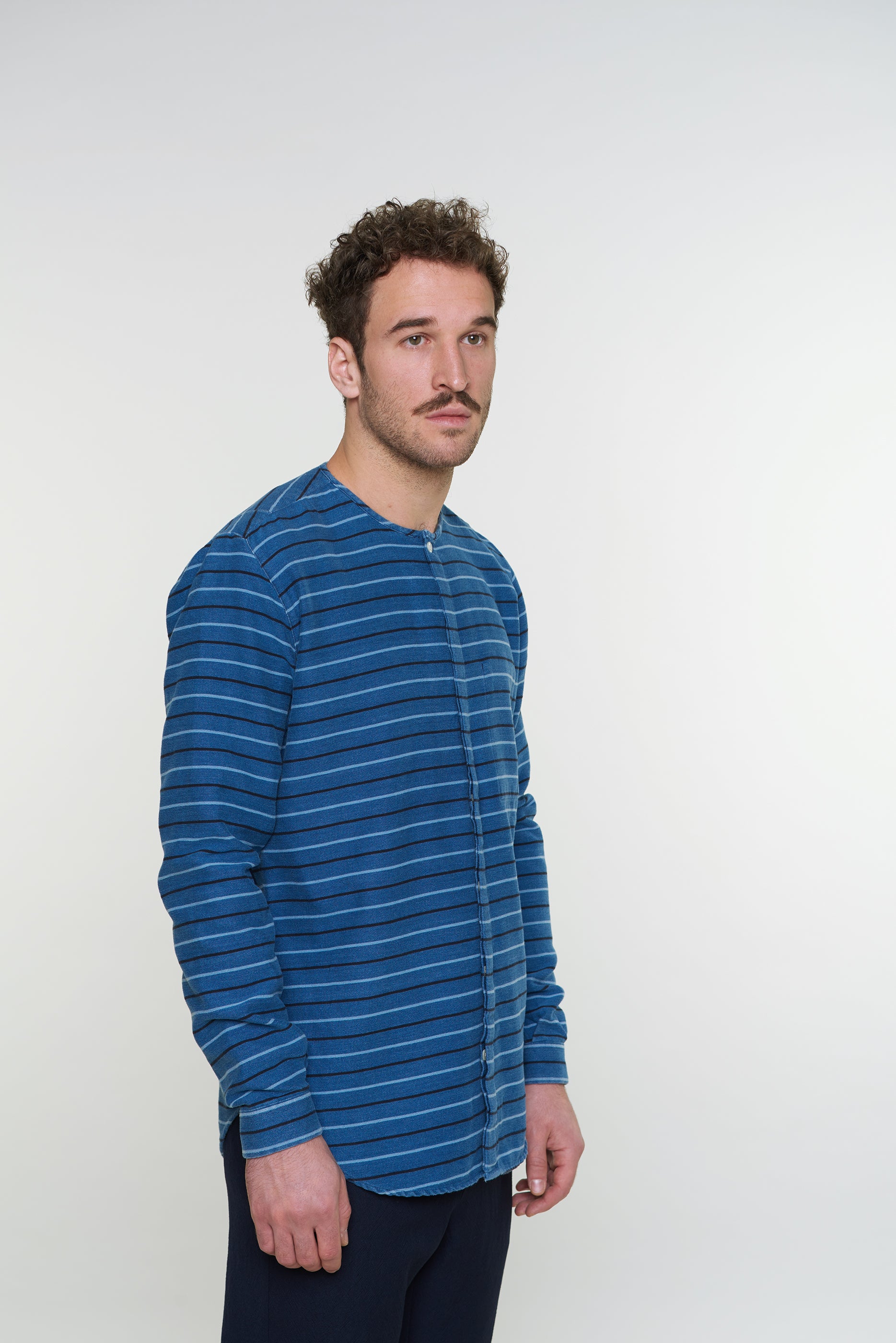 Harmony Collarless Shirt in a Blue Indigo and Grey Striped Soft Italian Brushed Cotton Flannel