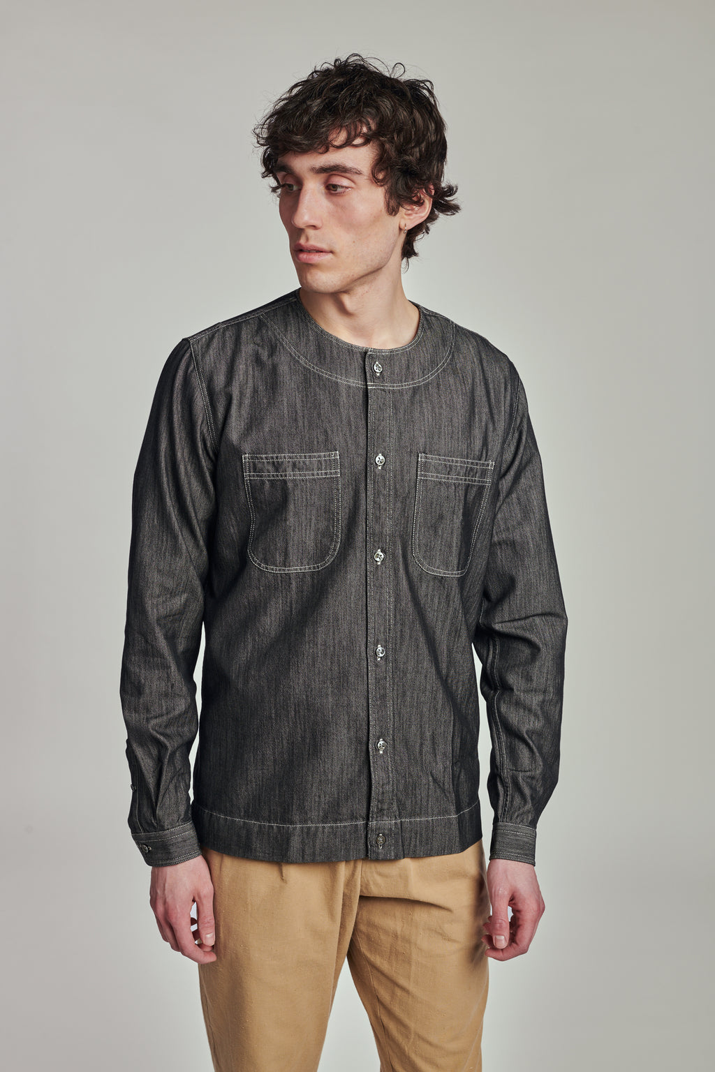 Collarless Carpenter Overshirt in a Washed Grey Indigo Italian Cotton Denim