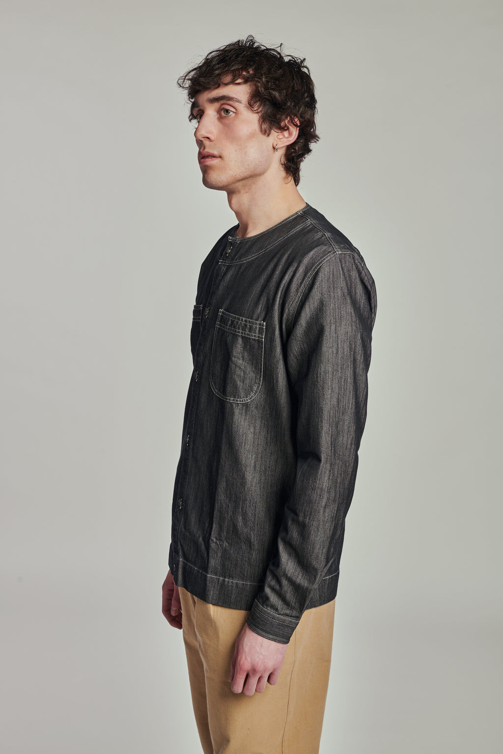 Collarless Carpenter Overshirt in a Washed Grey Indigo Italian Cotton Denim