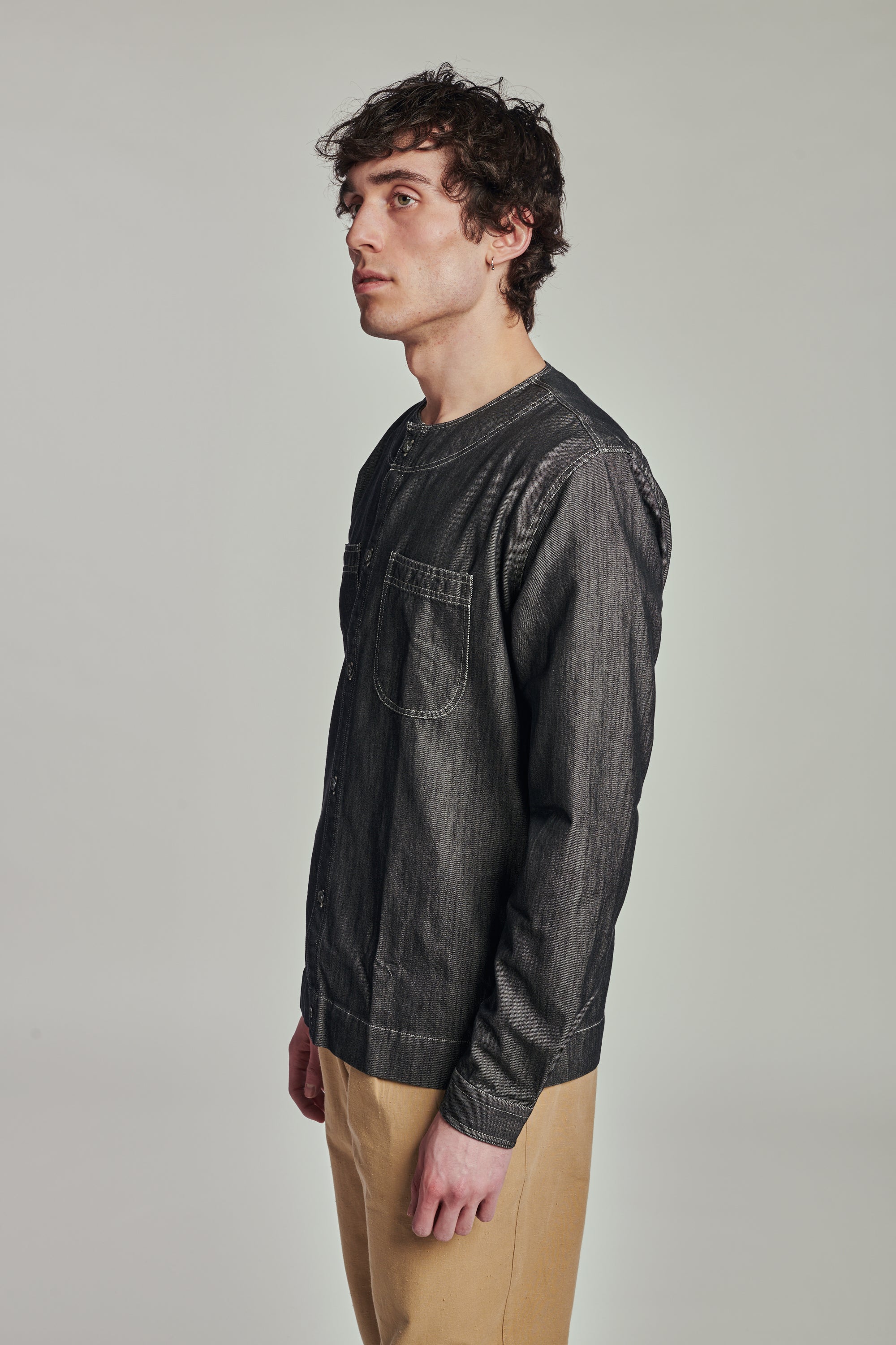 Collarless Carpenter Overshirt in a Washed Grey Indigo Italian Cotton Denim