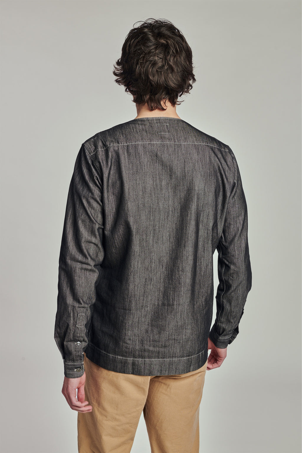 Collarless Carpenter Overshirt in a Washed Grey Indigo Italian Cotton Denim