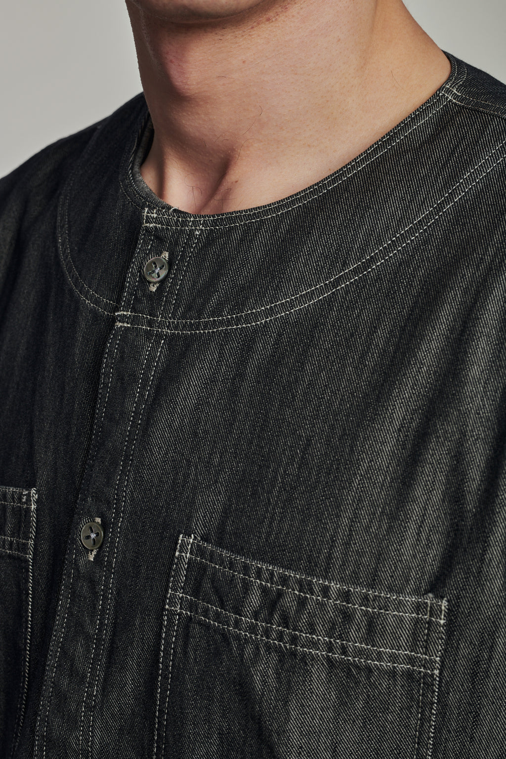 Collarless Carpenter Overshirt in a Washed Grey Indigo Italian Cotton Denim