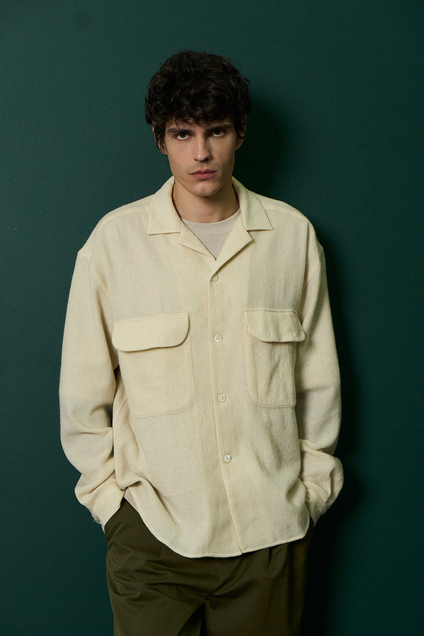 Oversized Shirt with Patched Pockets in Japanese Light Combed Wool