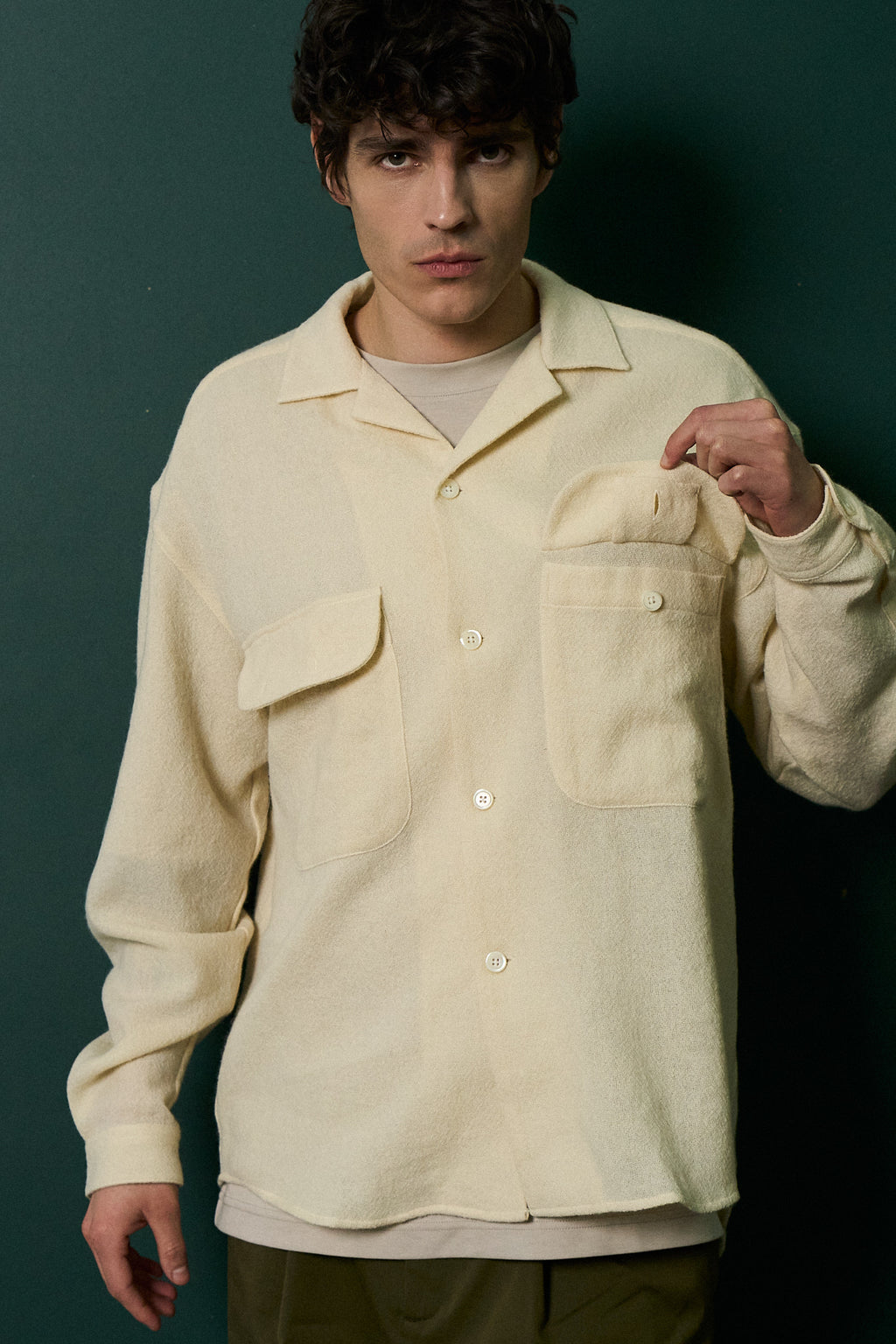 Oversized Shirt with Patched Pockets in Japanese Light Combed Wool