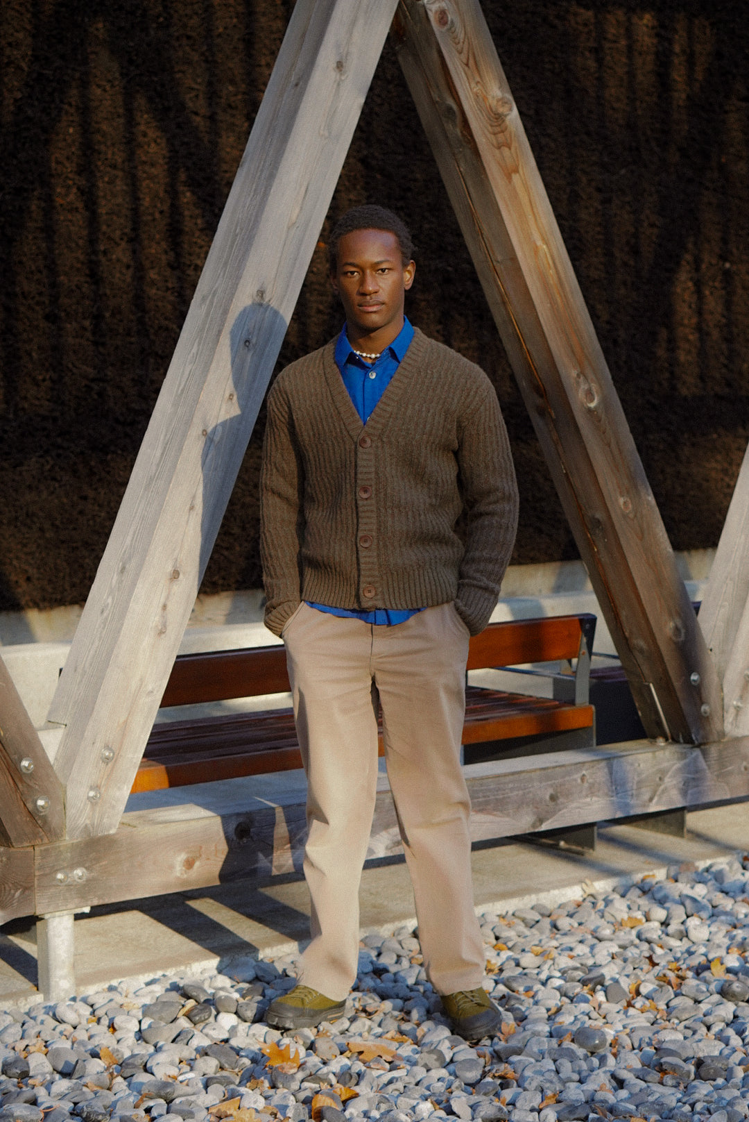 Cardigan in the Finest Italian Brown Green Melange Lambs Wool  - Sample