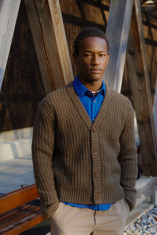 Cardigan in the Finest Italian Brown Green Melange Lambs Wool  - Sample