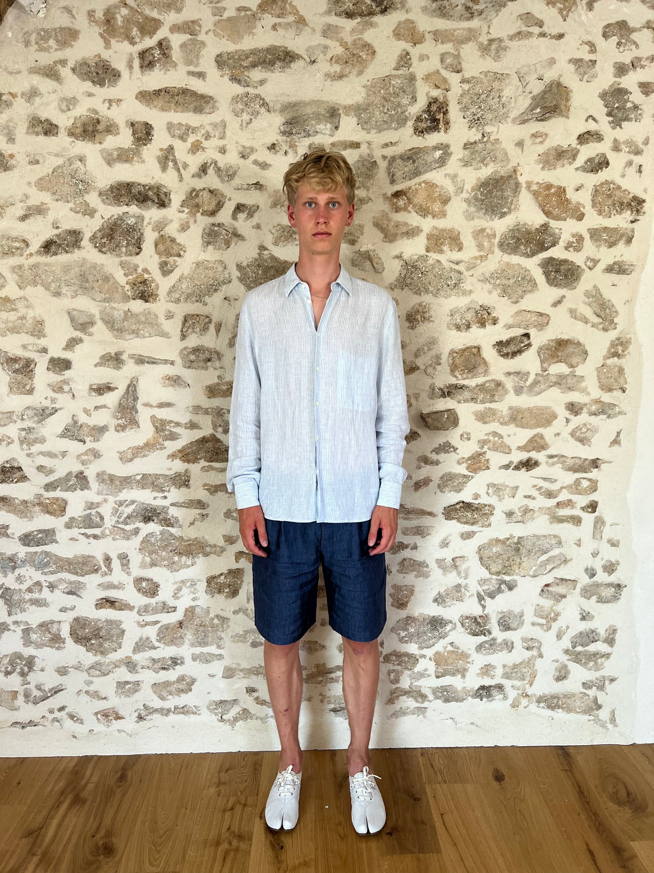 Feel Good Shirt in The Finest White and Blue Pin Striped Italian Linen