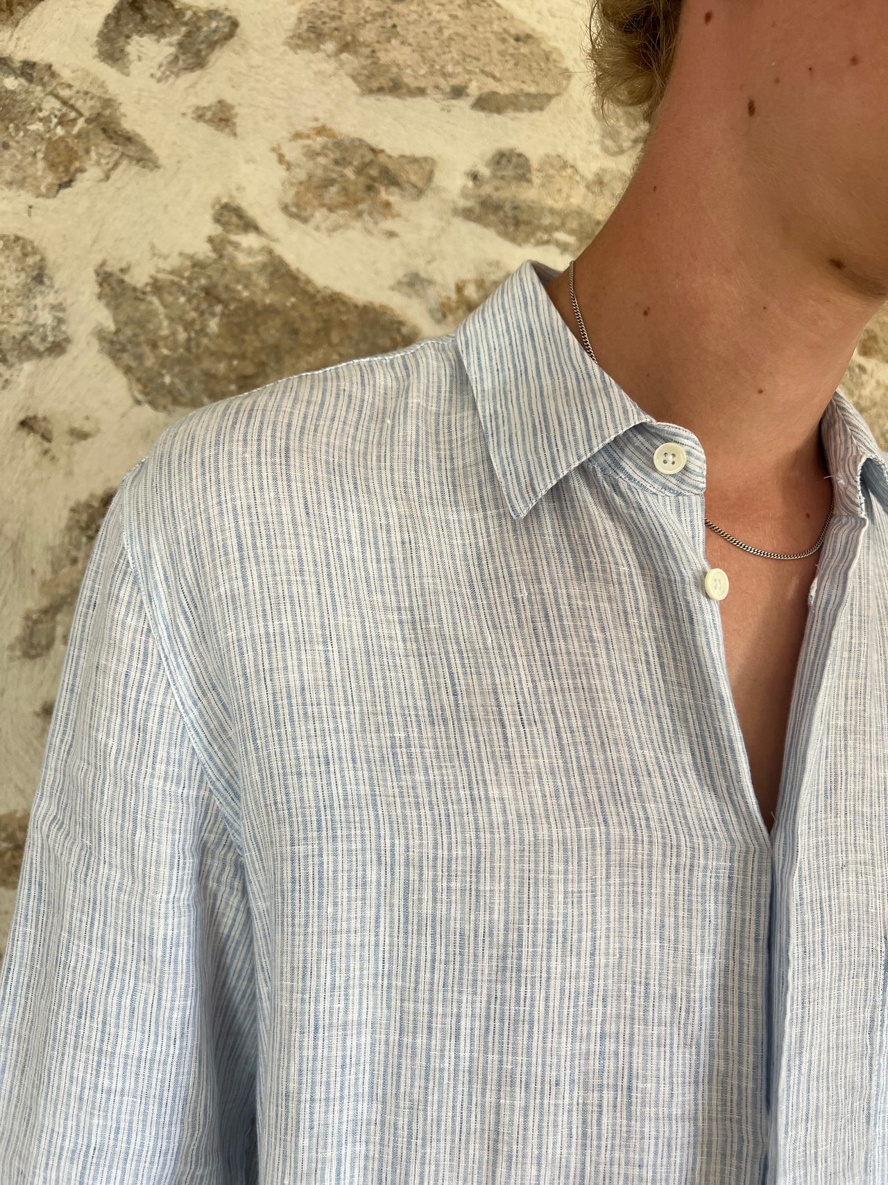 Feel Good Shirt in The Finest White and Blue Pin Striped Italian Linen