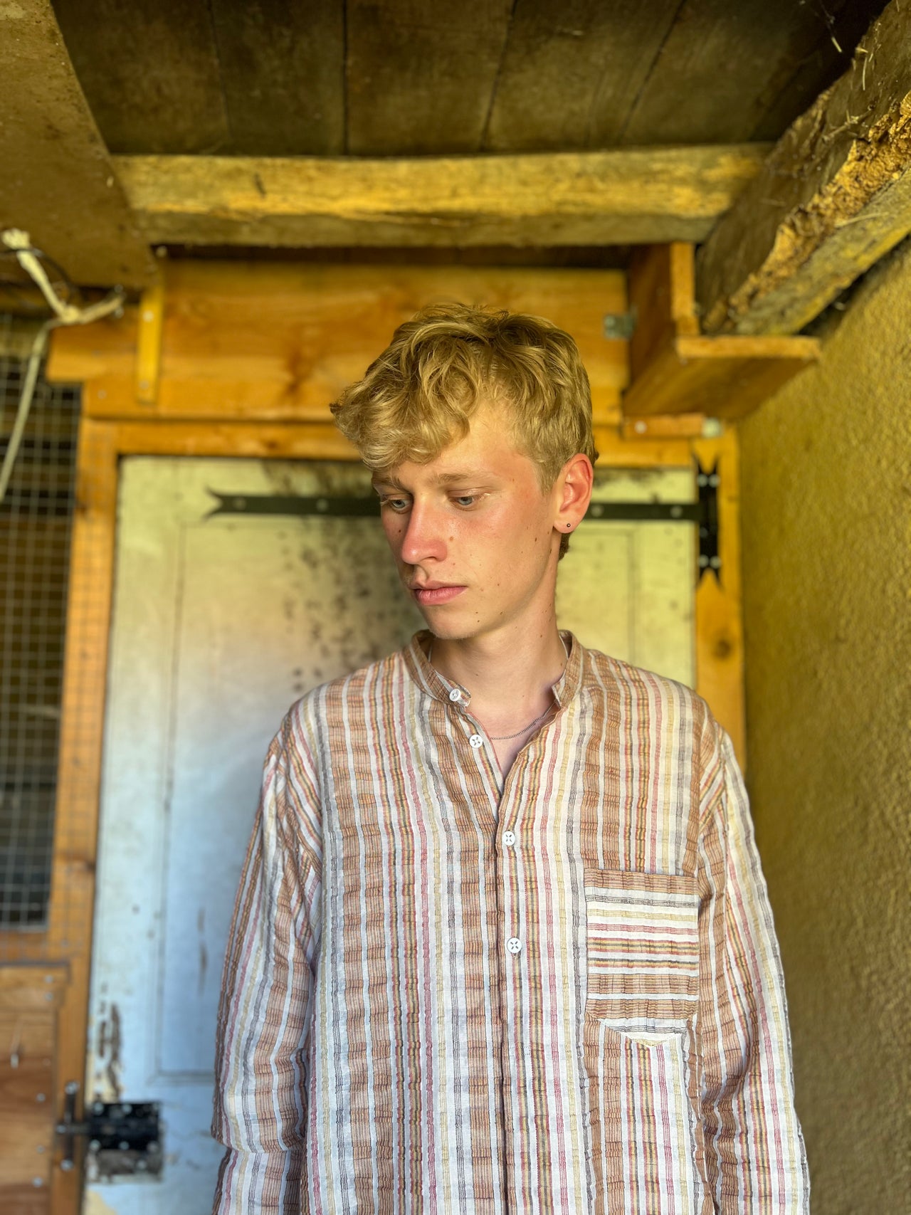 New Zen Grandad Collar Shirt in a Beige, Orange and Brown Striped Portuguese Linen and Cotton