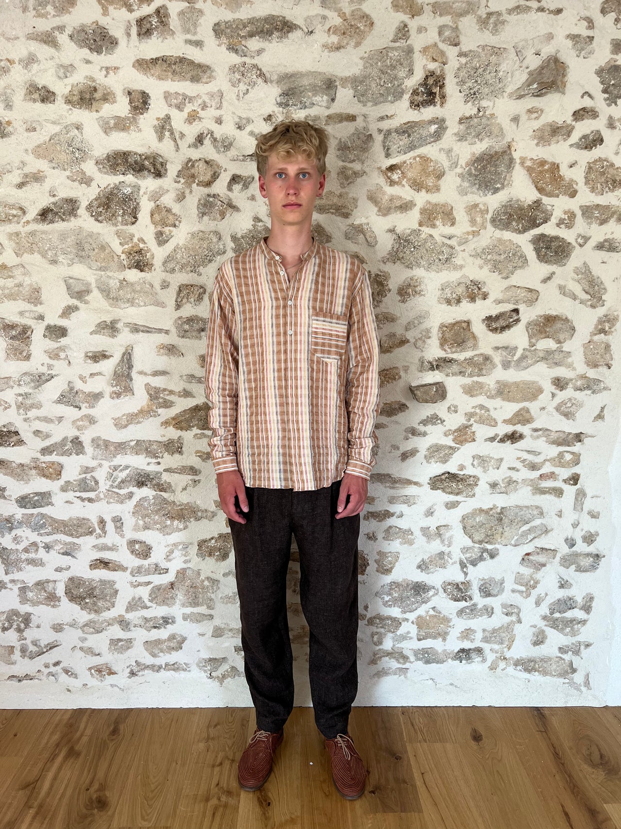 New Zen Grandad Collar Shirt in a Beige, Orange and Brown Striped Portuguese Linen and Cotton