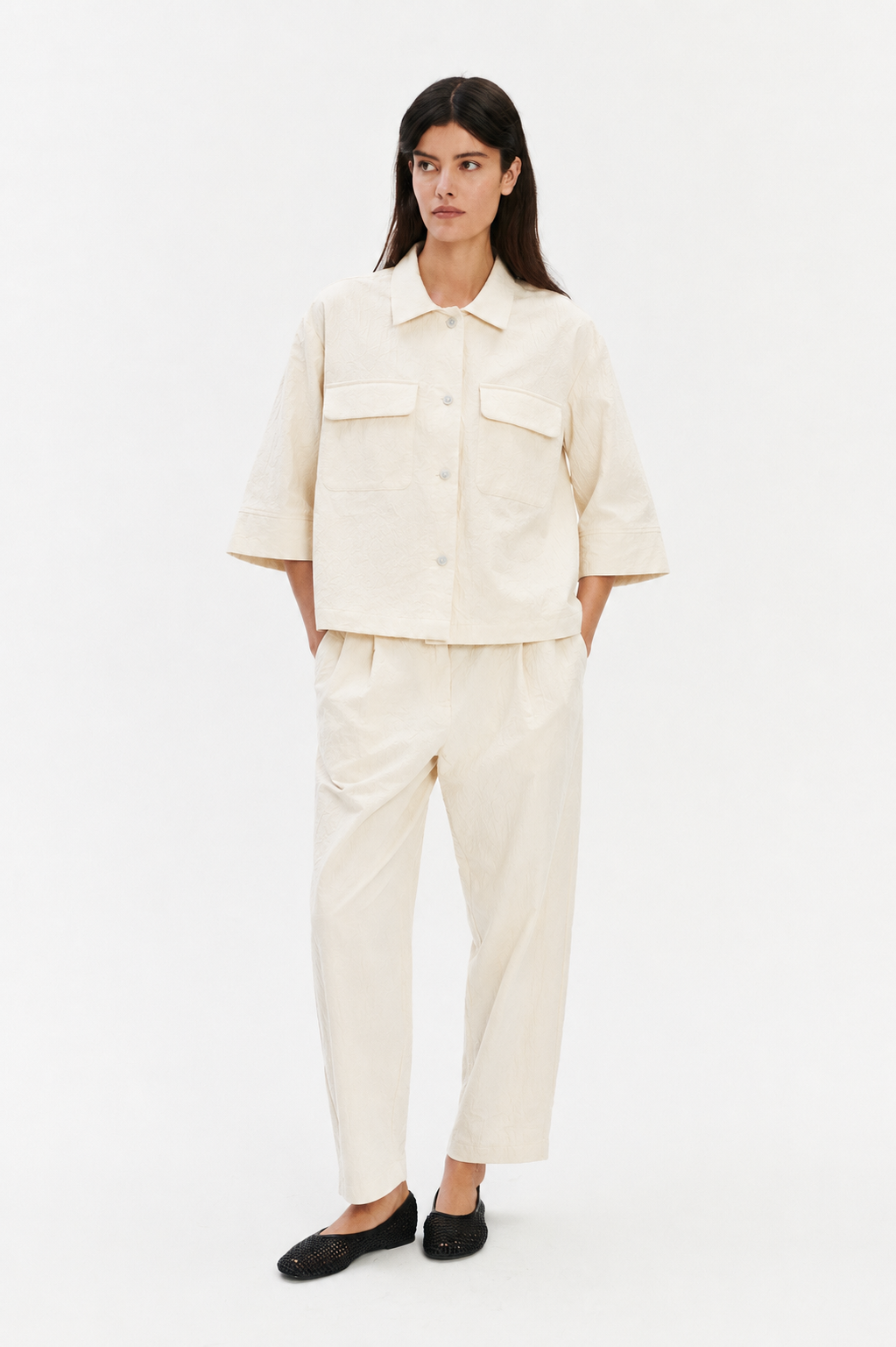Jacket Blouse in an Ivory Japanese Wrinkled Soft Cotton
