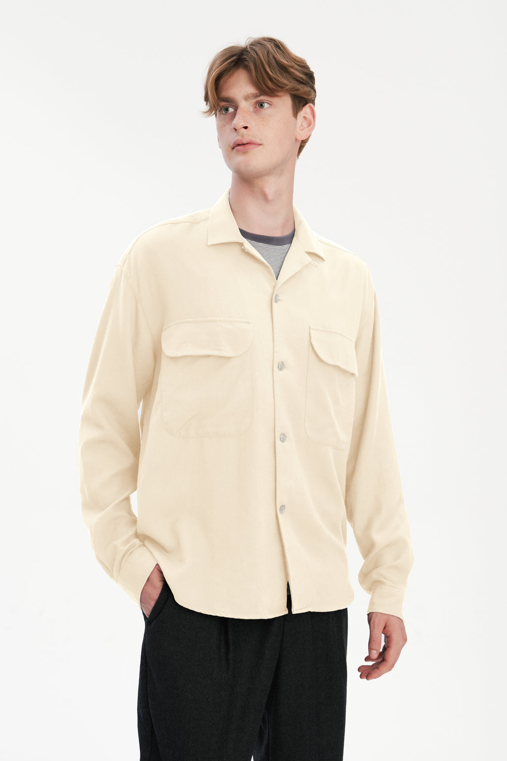 Oversized Shirt with Patched Pockets in Japanese Light Combed Wool