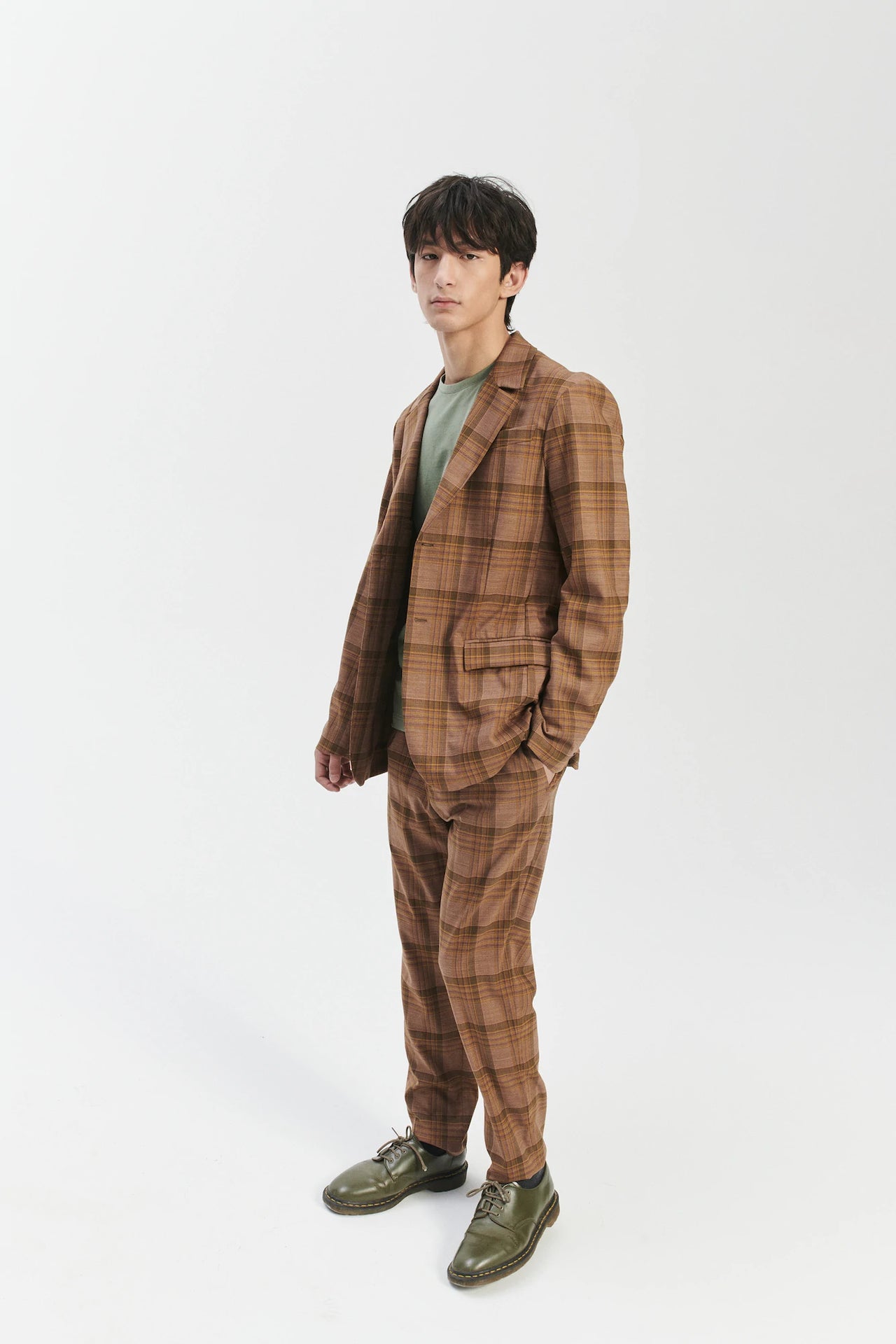 Blazer and Trousers in a Mauve, Yellow, Brown and Green Chequered Italian Virgin Wool