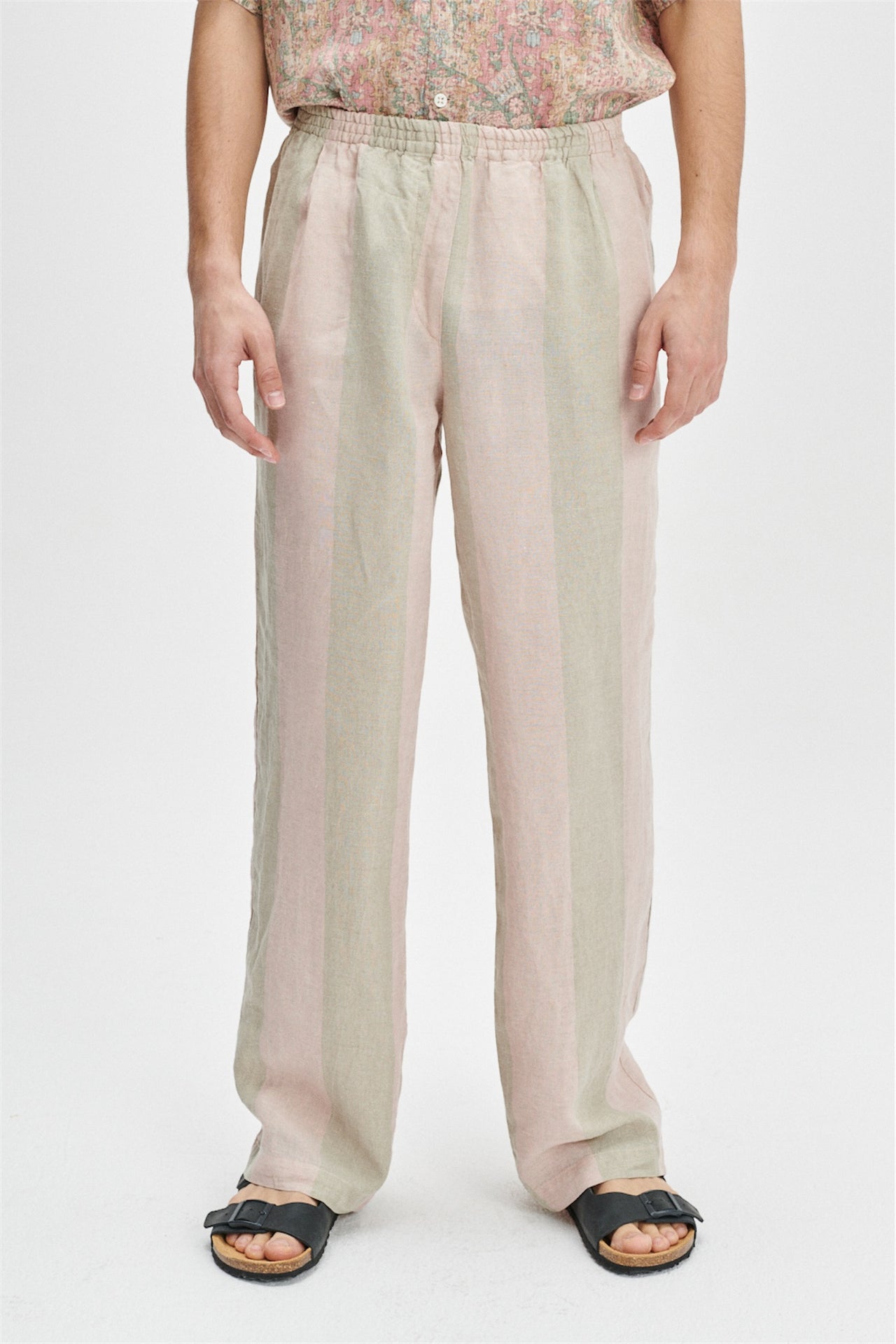 Unisex Pants in Tonal Pink and Beige Stripes of a Superb Italian Traceable Linen