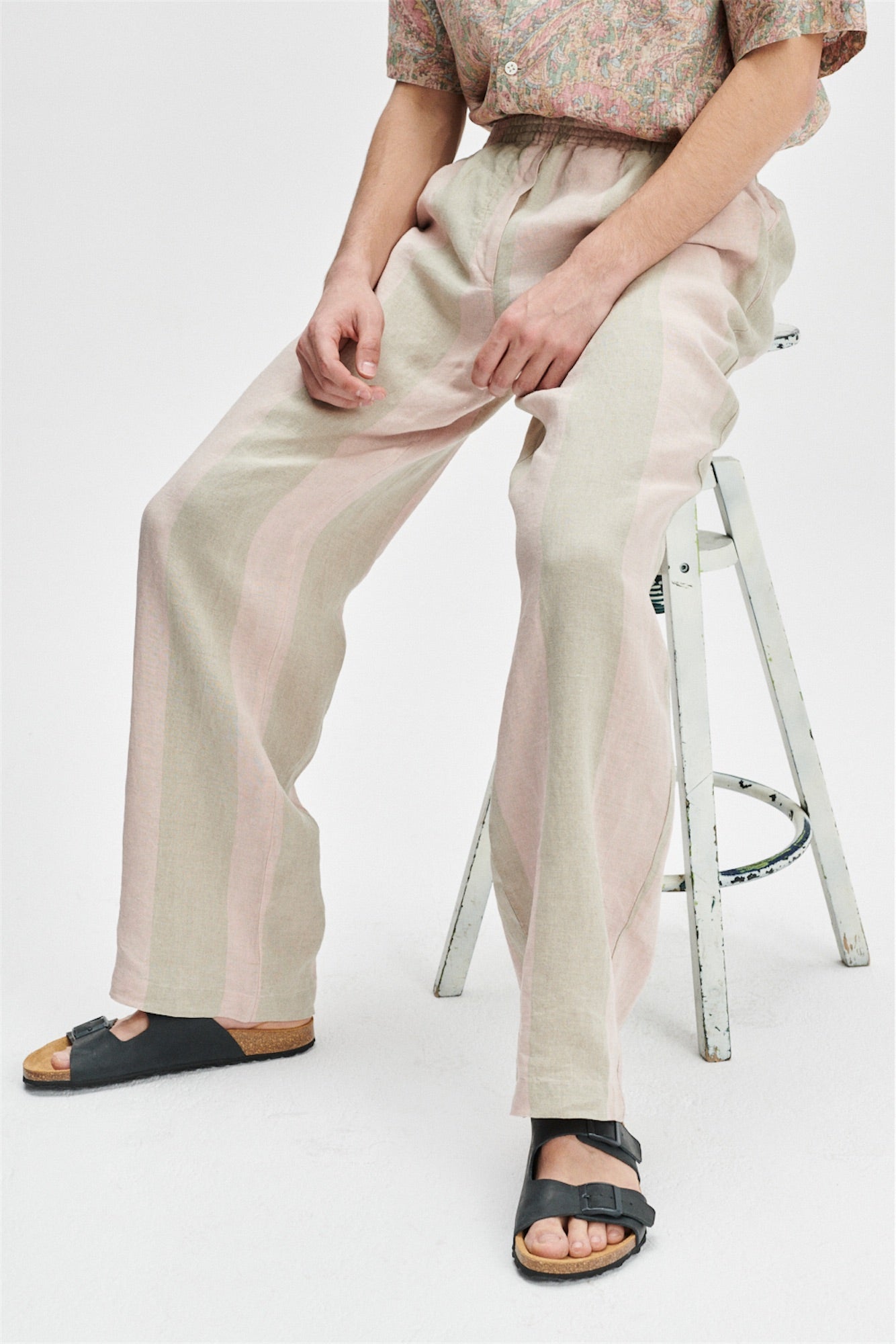 Unisex Pants in Tonal Pink and Beige Stripes of a Superb Italian Traceable Linen