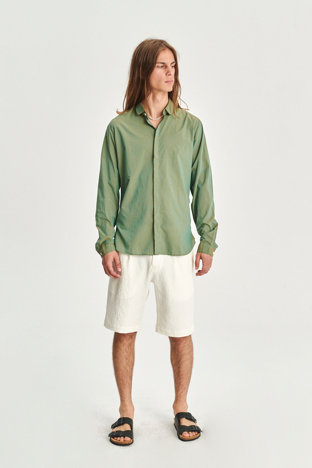 Cute Round Collar Shirt in a Changeable Green Fine Italian Cotton by Albini