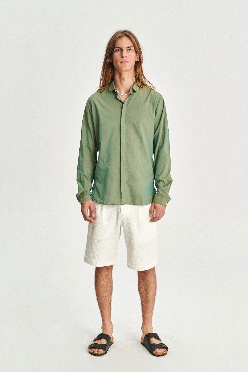 Cute Round Collar Shirt in a Changeable Green Fine Italian Cotton by Albini