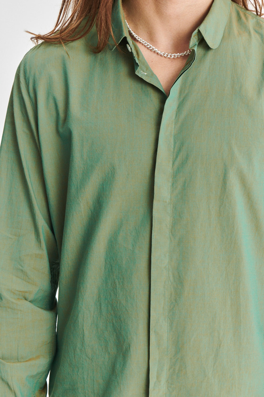 Cute Round Collar Shirt in a Changeable Green Fine Italian Cotton by Albini