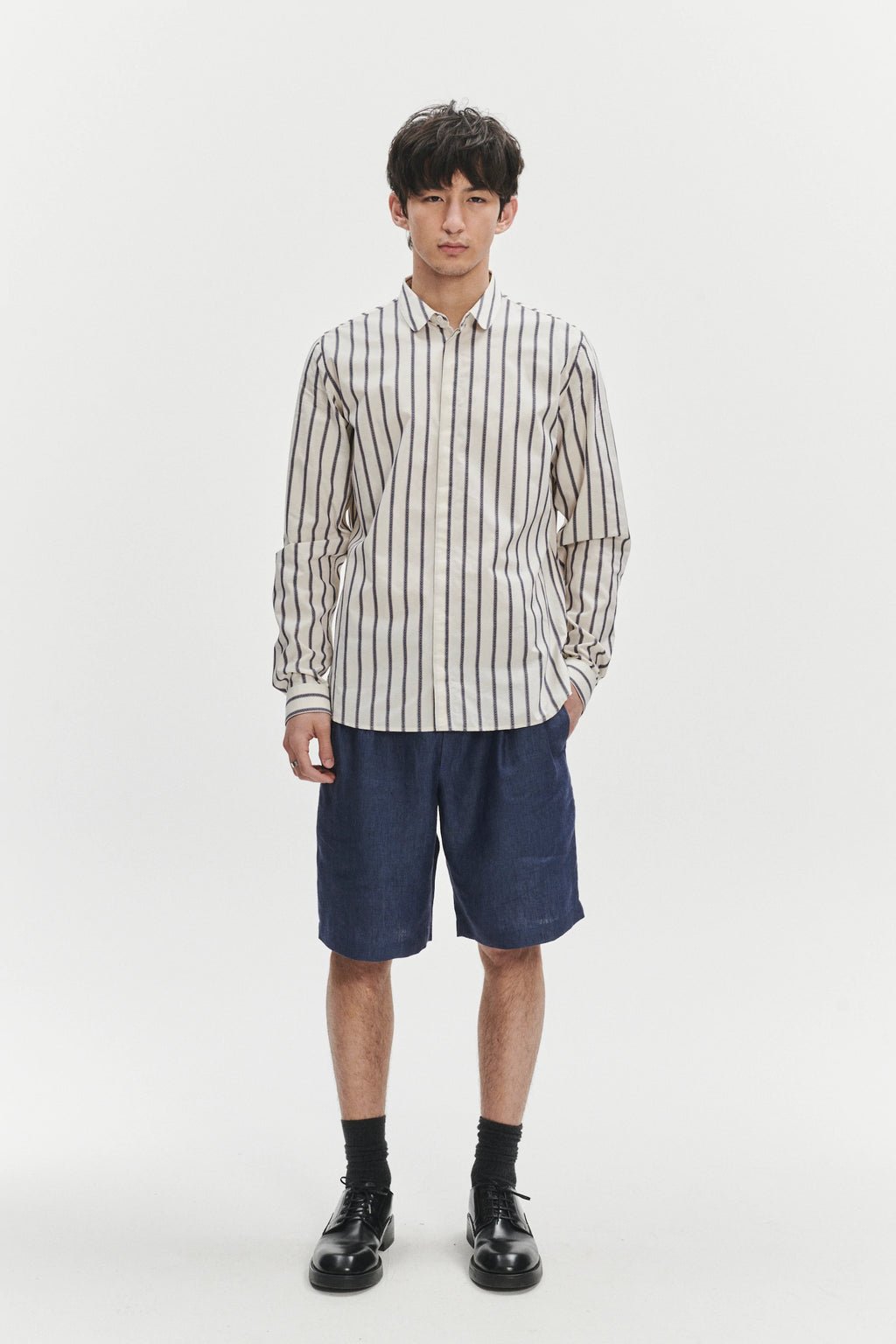 Cute Round Collar Shirt in an Ethno Inspired Blue with Red Striped White Italian Organic Cotton